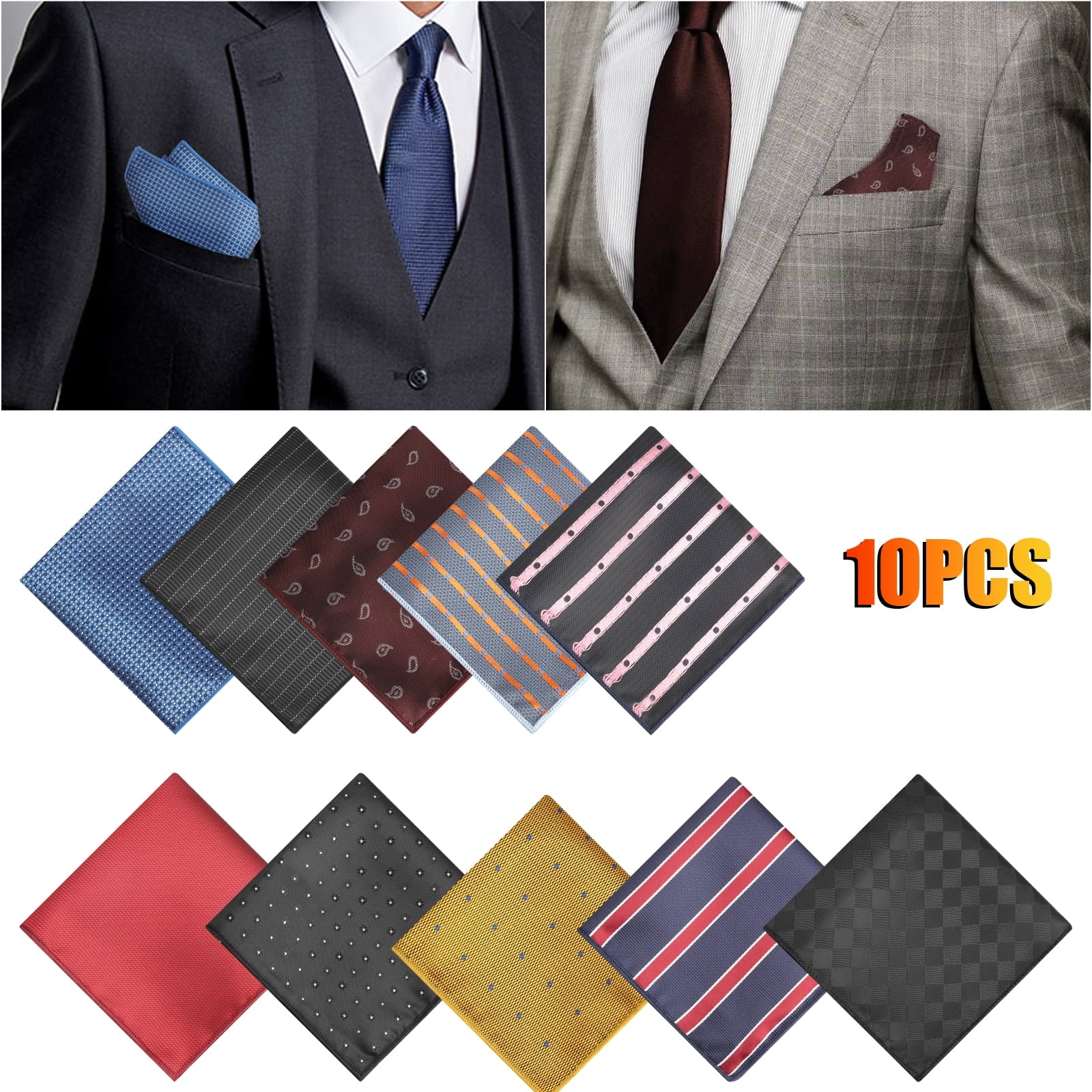 10pcs Men's Pocket Squares, DISEN Soft Polyester Handkerchiefs, Classic and Vintage Hankies for Wedding, Party, 9x9