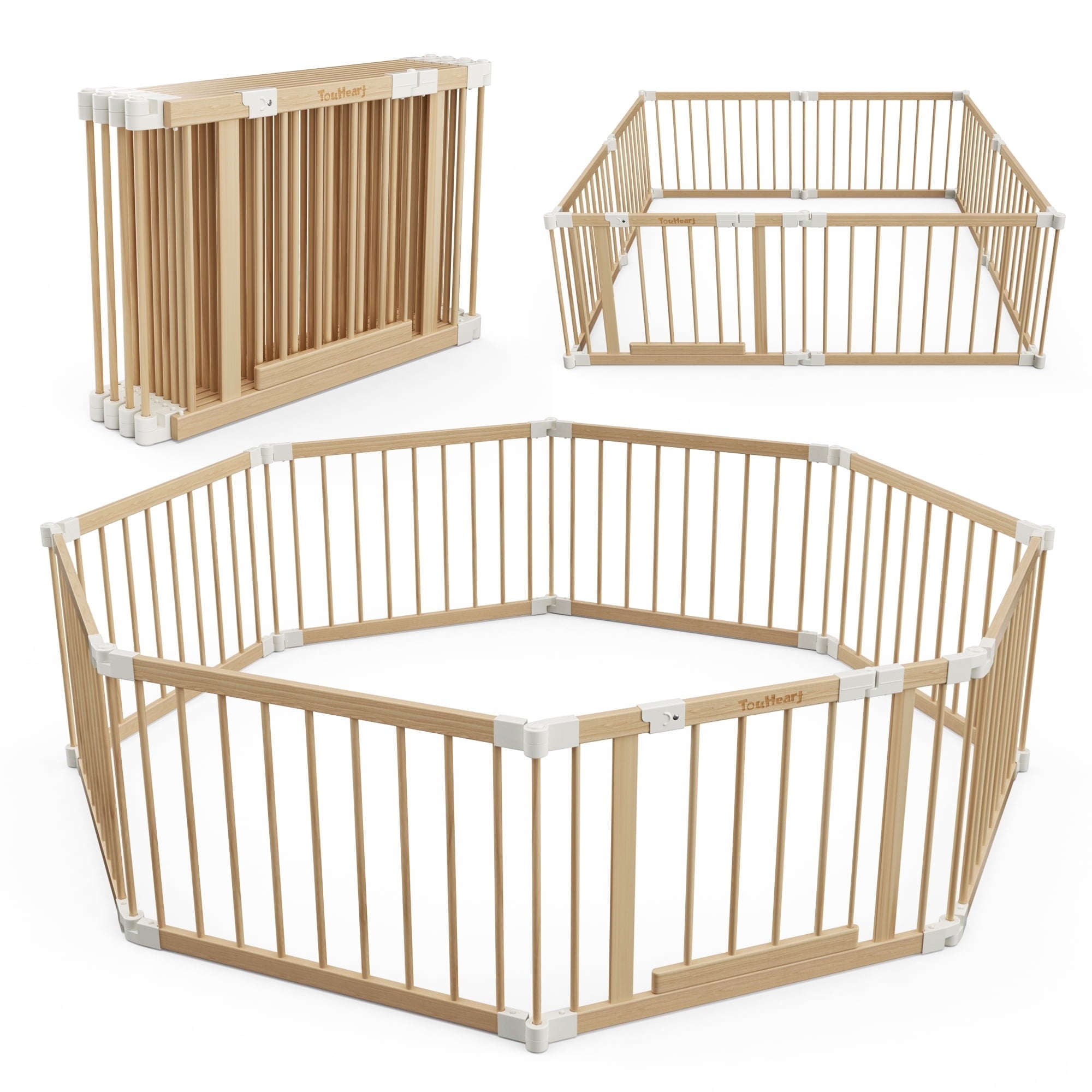 TouHeart Foldable Wooden Playpen, Baby Play Yard for Baby to Toddler, Adjustable Shape&Size, 8 Panel
