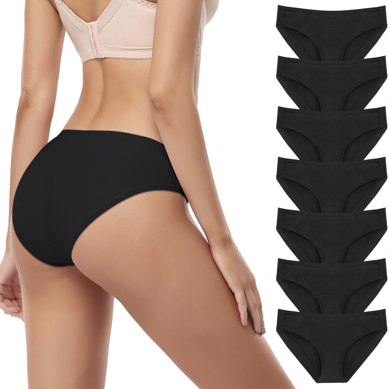 7 Pack Women's Cotton Low Waist Comfortable Breathable Briefs, Soft Stretch Bikini Panties,Black,L