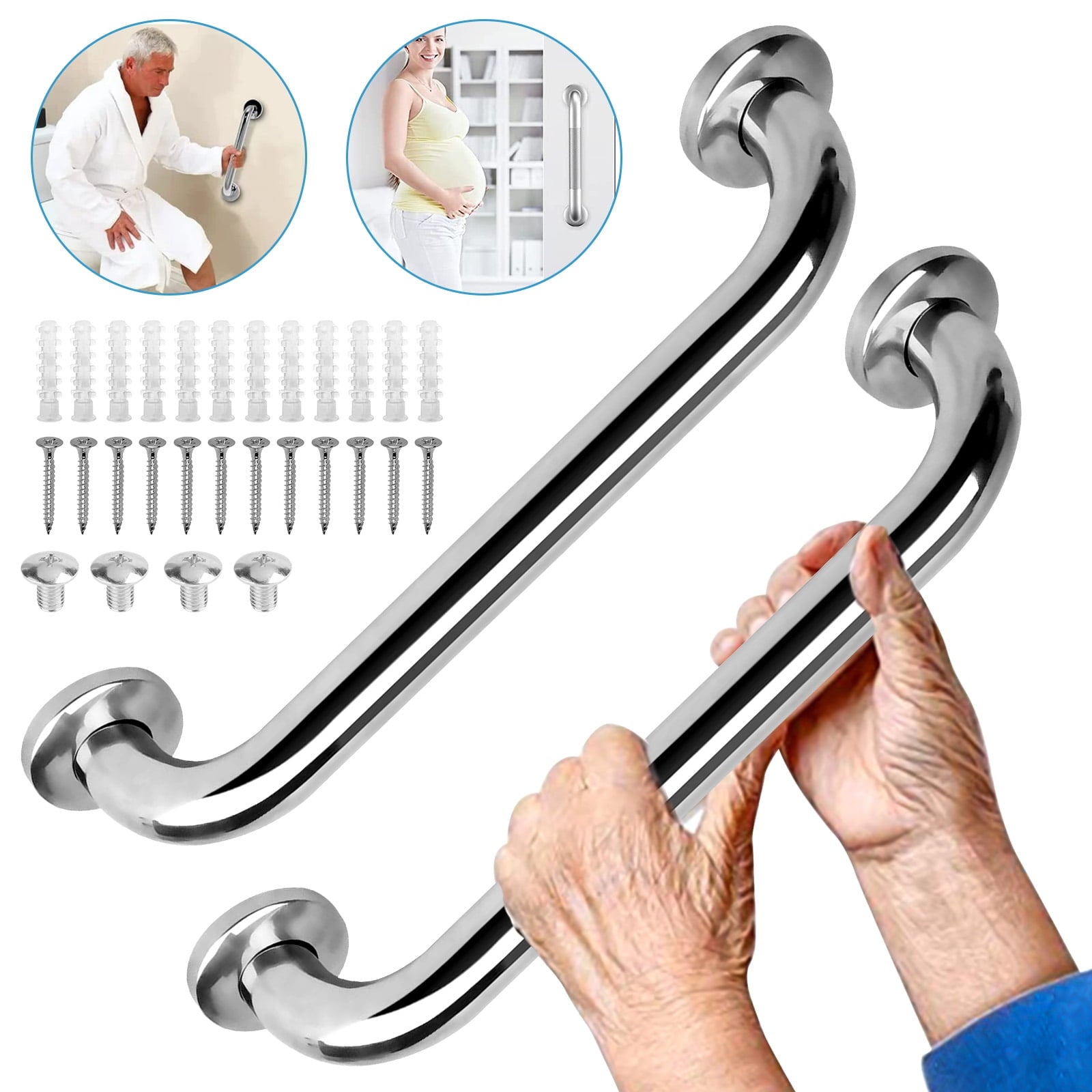 2pcs Shower Grab Bar, DISEN 12in Stainless Steel Bathroom Grab Bar, Shower Handle, Safety Hand Rail Support, Bathroom Balance Grip Bar, Senior Assist Bath Handle for Handicap Elderly Injury Pregnant