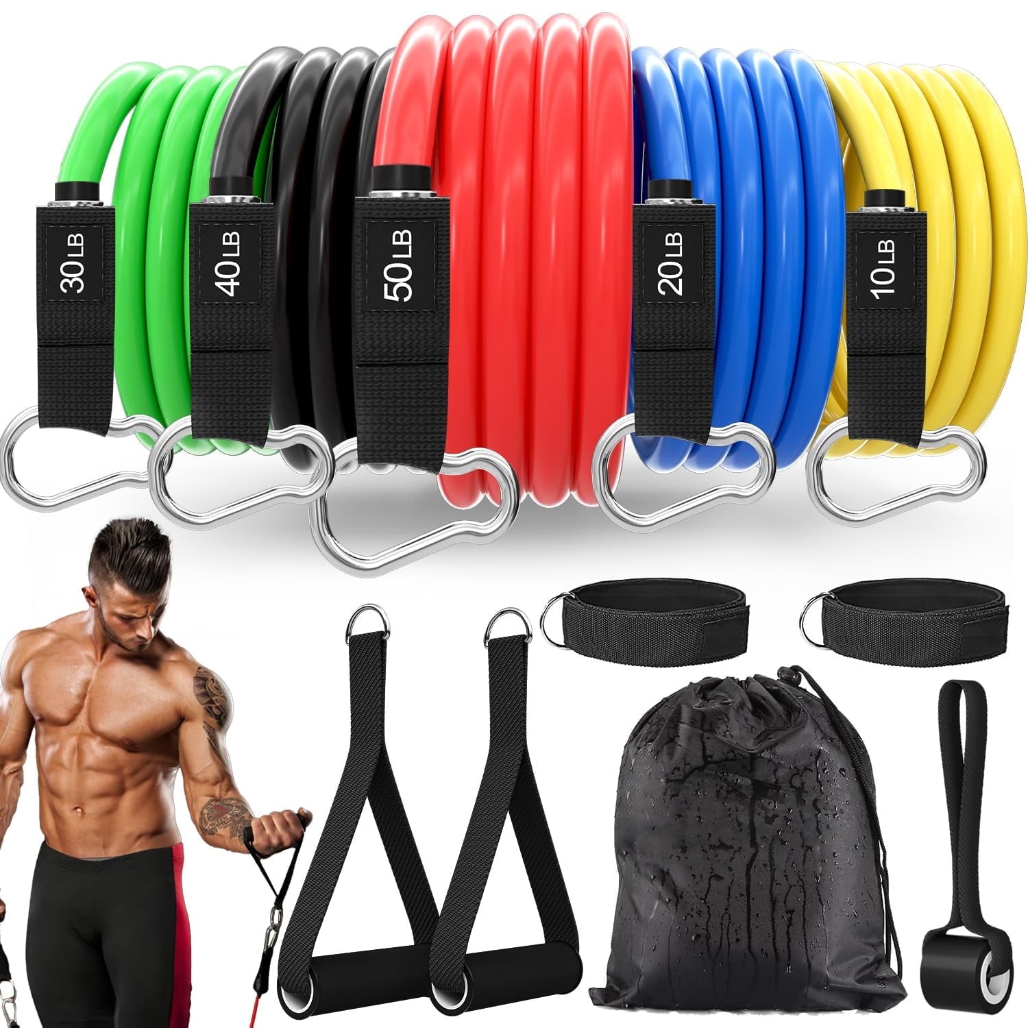 DISEN Resistance Bands Set, Exercise Bands with Door Anchor, Handles, Carry Bag, Legs Ankle Straps for Resistance Training, Physical Therapy, Home Workouts for Men and Women(Multi-150LBS)