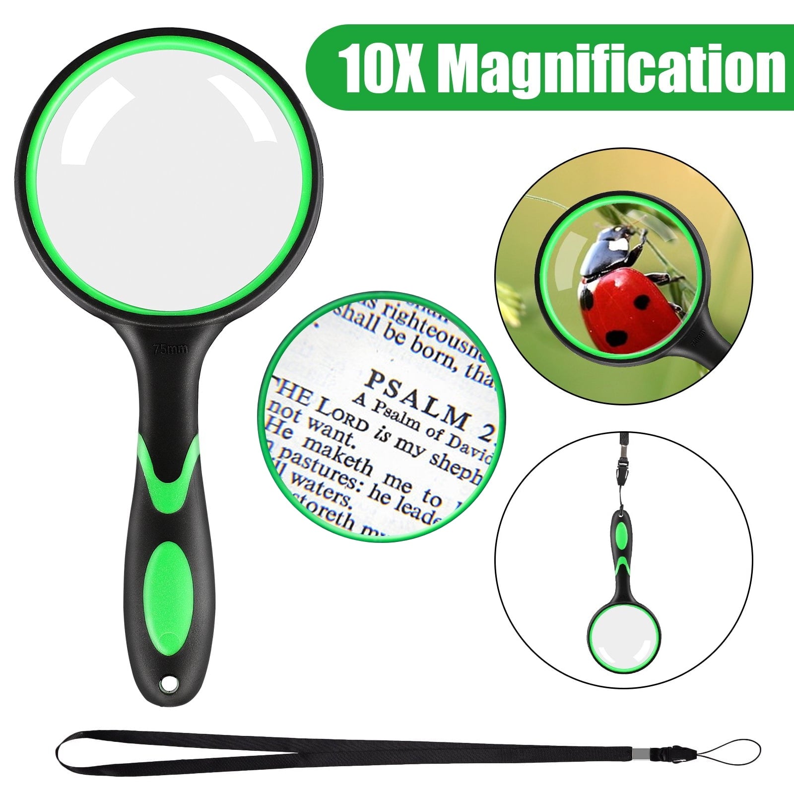 DISEN 10X Magnifying Glass, Handheld Reading Magnifier with 75mm Non-Scratch Glass Lens, Non-Slip Handle, Rope, for Seniors Reading, Hobbies, Classroom Science