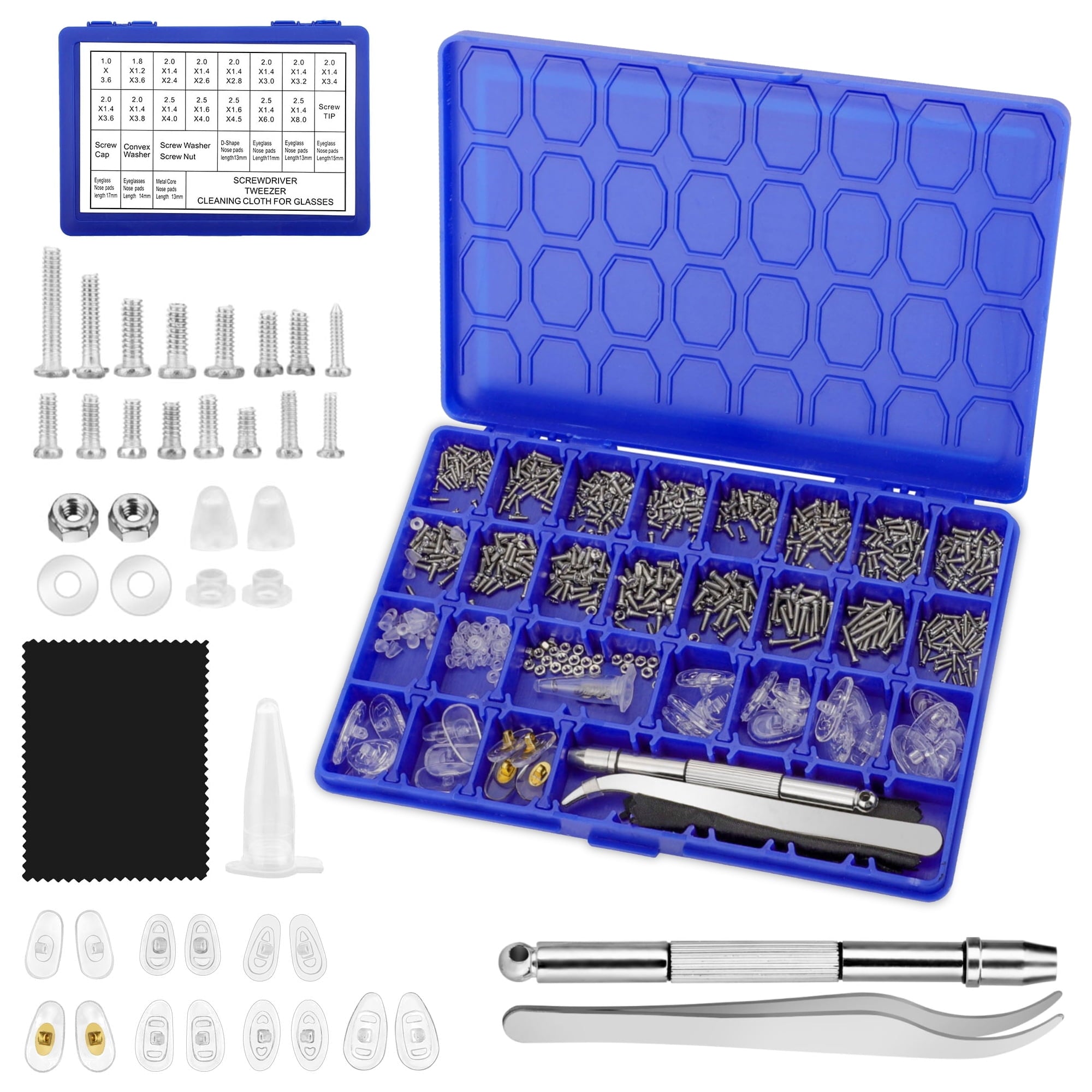 DISEN Eyeglass Repair Tool Kit with Box, Includes 3 in 1 Screwdriver, Nose Pads, Screws, Tweezer