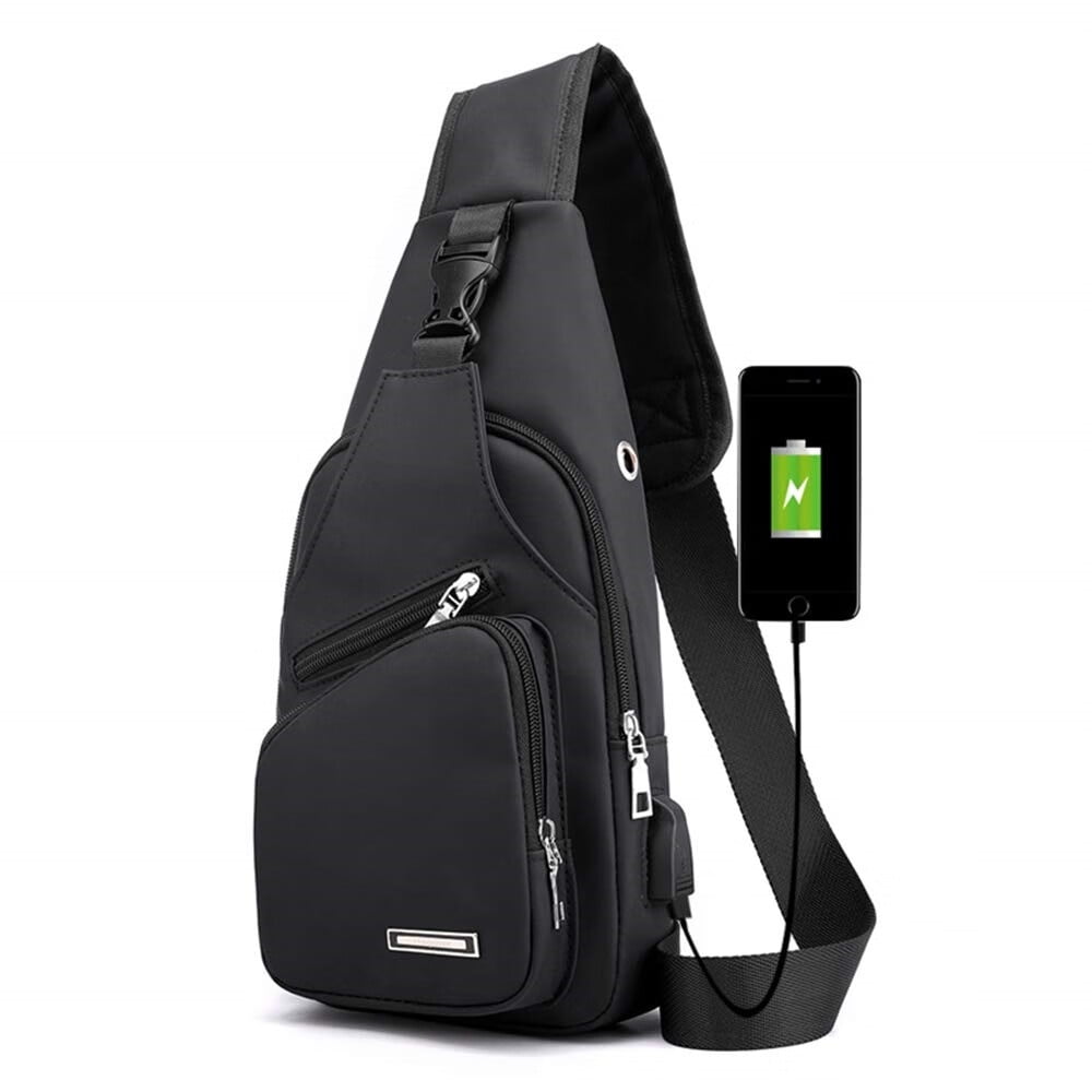 Mens Sling Bag, Leather Sling Bag with USB Charging Port Waterproof Casual Daypack Chest Crossbody Bag