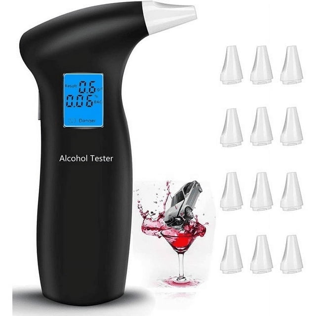 Professional Breathalyzer with LCD Screen and Semiconductor Sensors - Accurate Alcohol Tester with 12 Mouthpieces for Personal and Professional Use, Ideal for Police and Alcohol Testing.