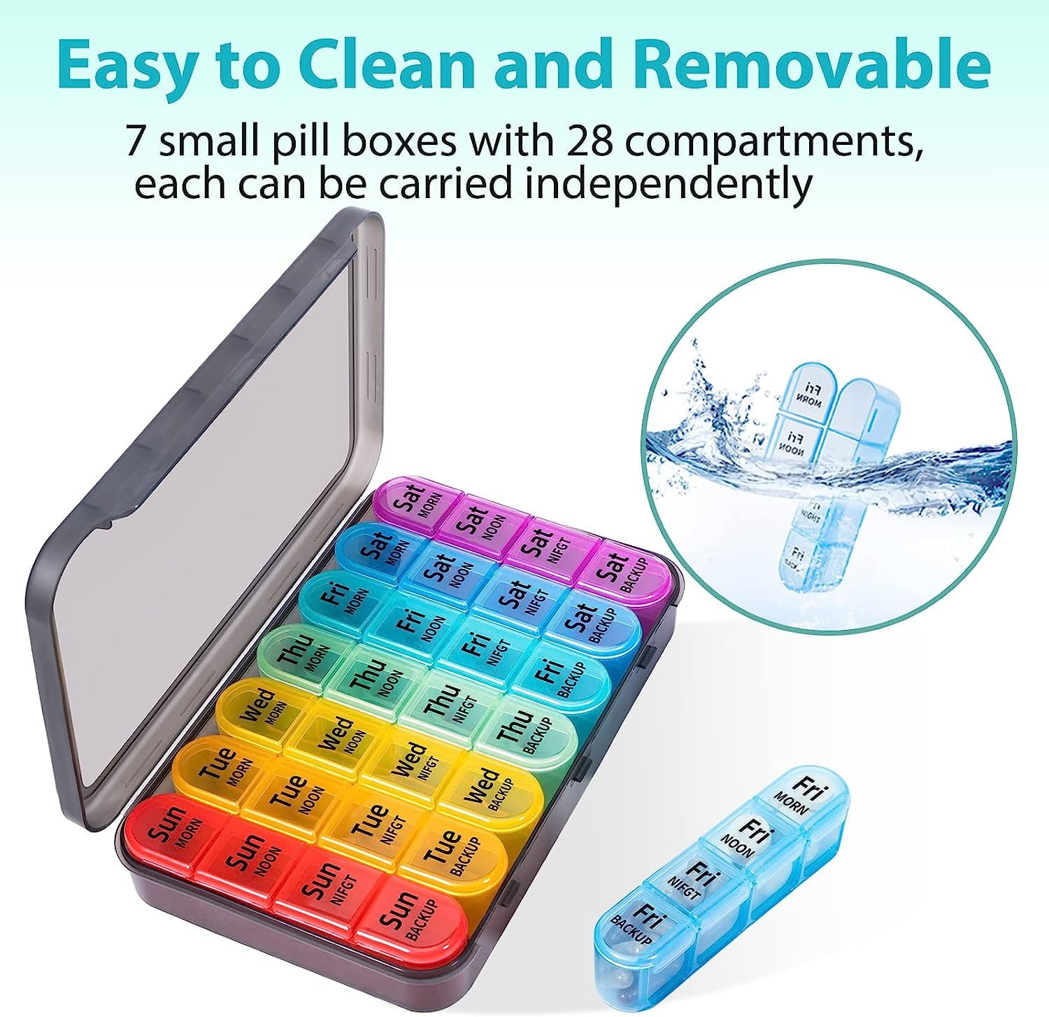 TIFOR Weekly Pill Organizer, 7 Day / 4 Times A Day Large Pill Cases Moisture-Proof Pill Box AM PM Medicine Organizer to Hold Vitamins Fish Oil Compartments Supplements (Rainbow)