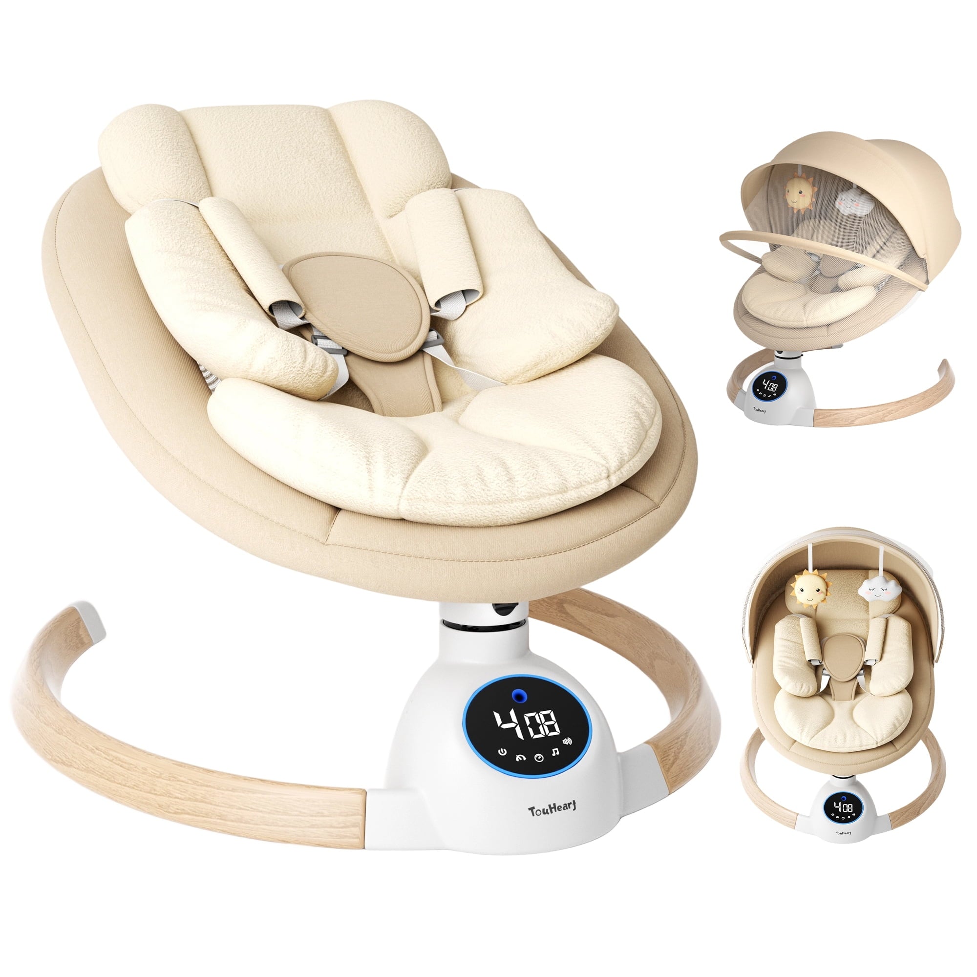 TouHeart Electric Baby Swing for Infants, Bluetooth Remote Control, 5 Sway Speed, 10 Lullabies, Khaki