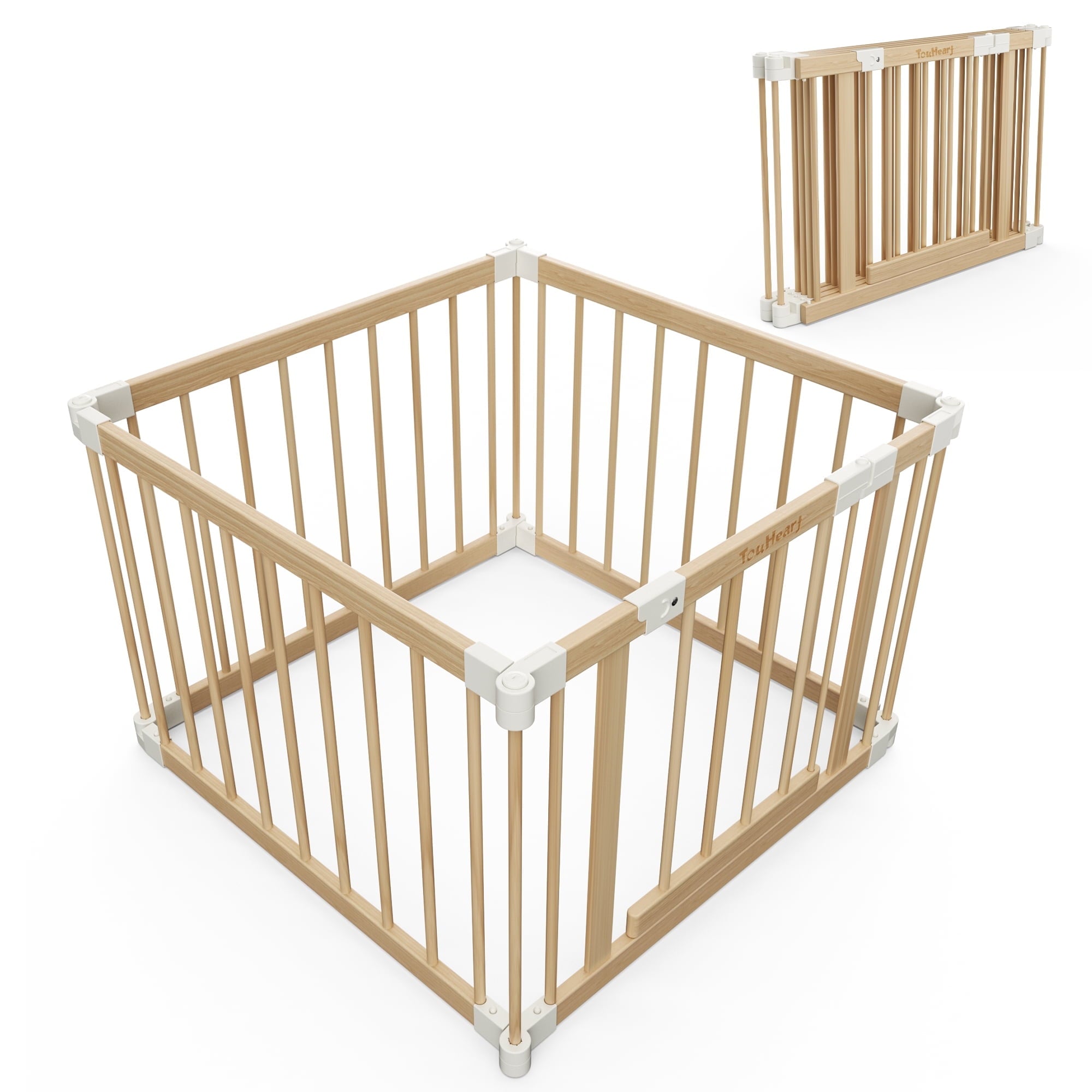 TouHeart Foldable Wooden Playpen, Baby Play Yard for Baby to Toddler, Adjustable Shape&Size, 4 Panel