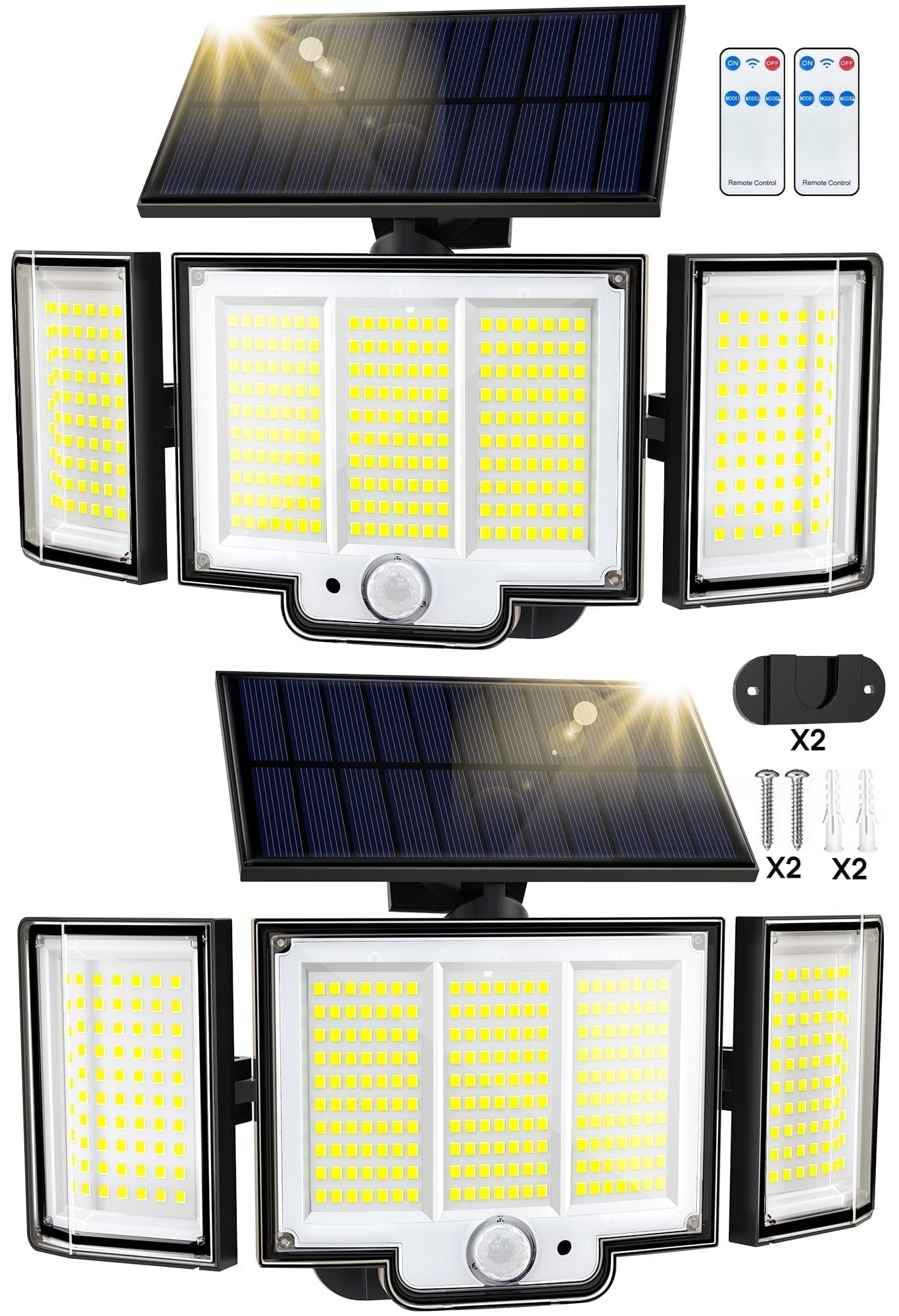 Solar Lights Outdoor , 2Pack 348 LED 3000LM Solar Motion Sensor Security Lights, Solar Flood Lights with Remote, 3 Lighting Modes Waterproof Solar Wall Lights for Yard,Garage,Patio Entryways