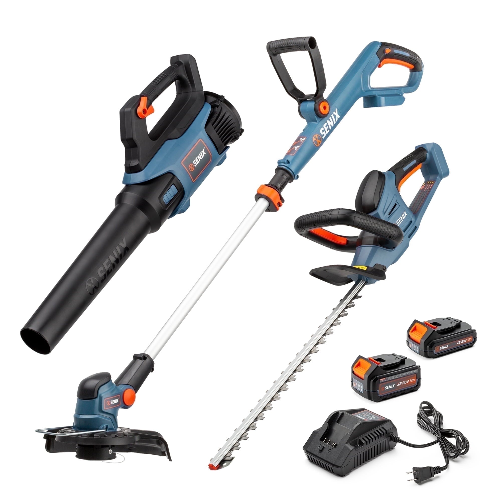 SENIX 20V 3-Tool Kit, 10-Inch String Trimmer, Leaf Blower & 18-Inch Hedge Trimmer (2 Ah, 4 Ah Battery and 2A Charger Included) S2K3B2-01