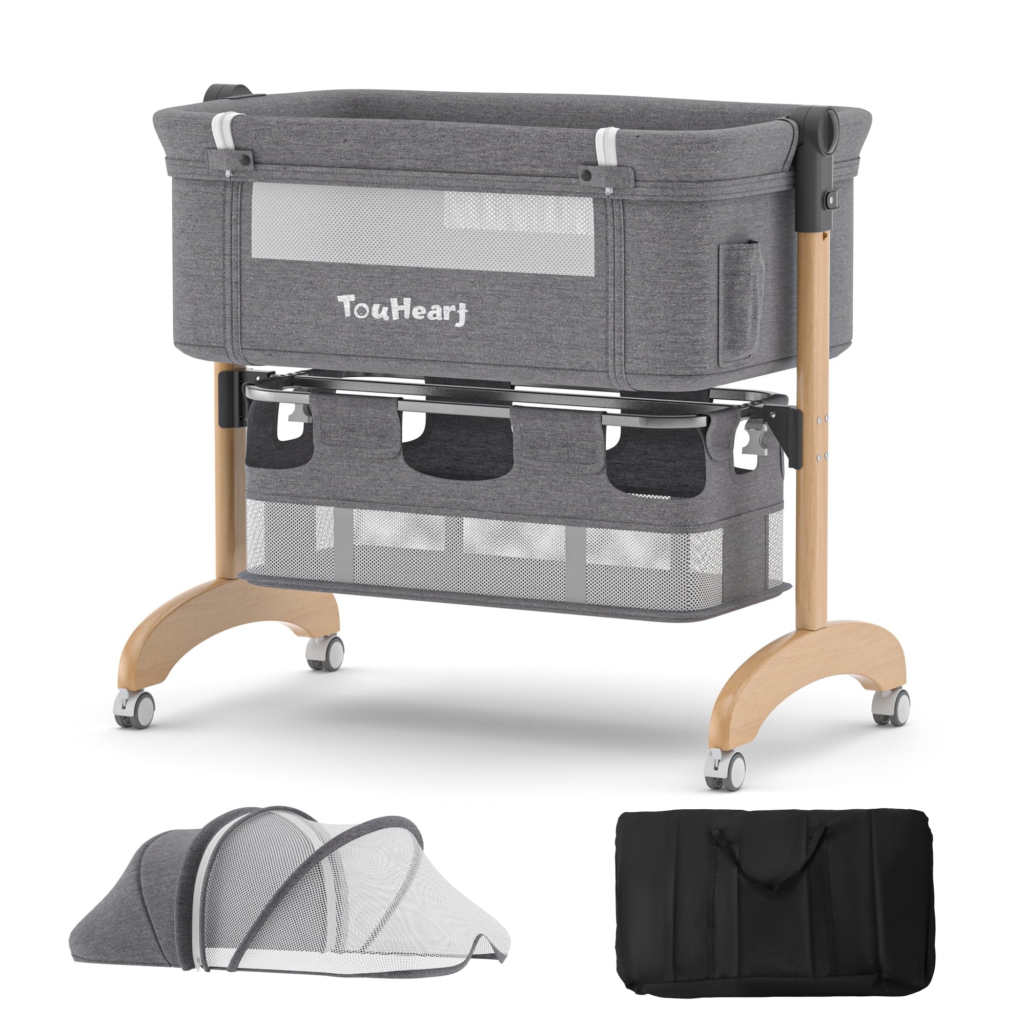 TouHeart 3 in 1 Baby Bedside Bassinet for Babies 0-6 Months, Easying Folding, Gray