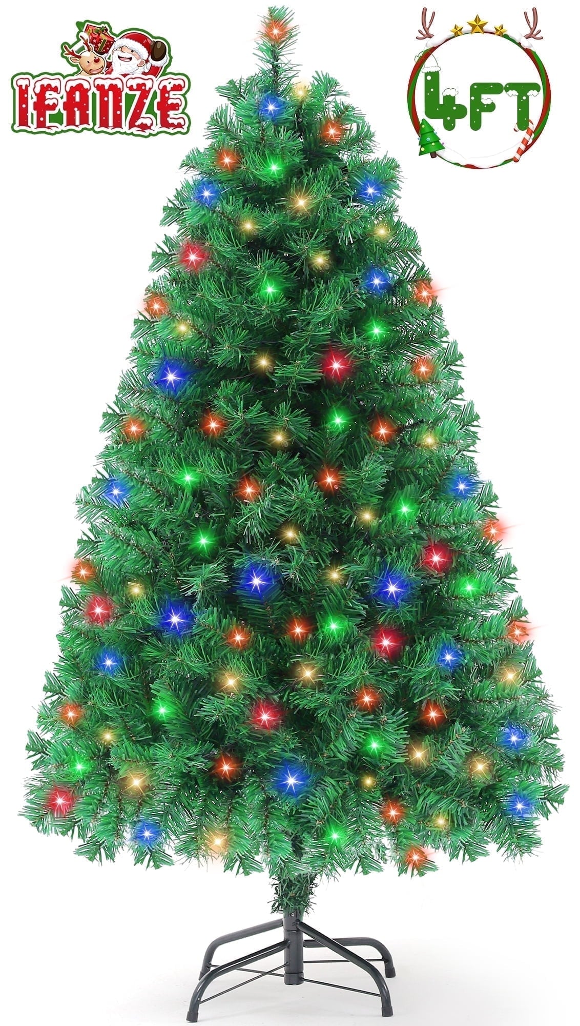 Qunler Pre-Lit Christmas Tree, 4ft Artificial Green Xmas Tree with Multi-colored 150 LED Lights & Metal Stand, 360 Lifelike Branch Tips