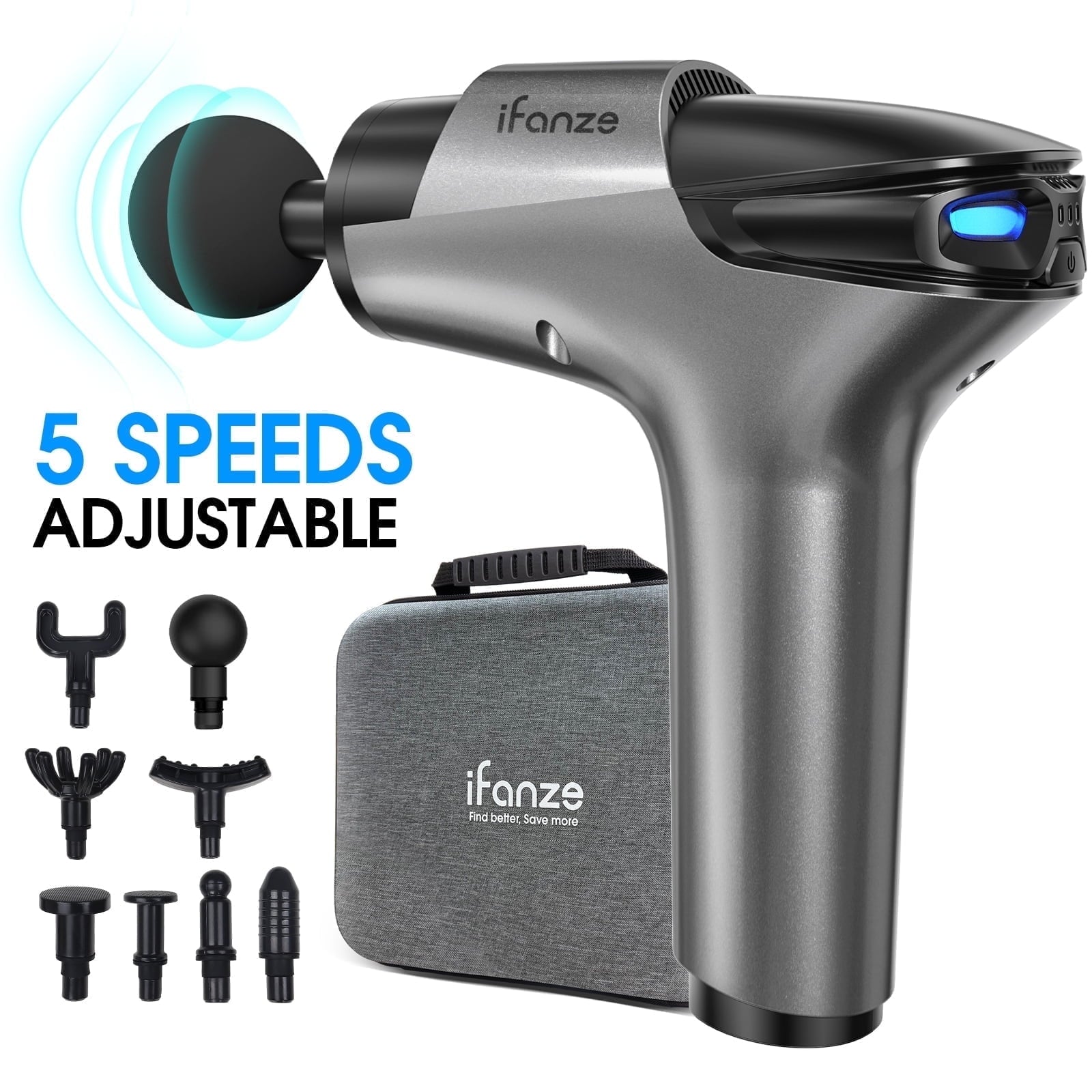 Massage Gun Deep Tissue, 5 Speeds Quiet Percussion Handheld Electric Muscle Massager with 8 Replacement Heads for Gym Office Home Post-Workout Recovery, Gray