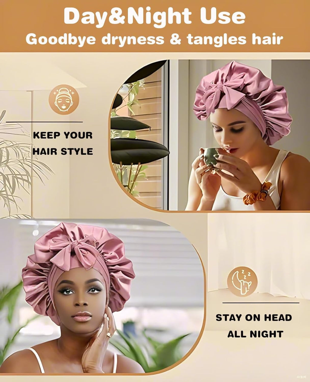 Satin Bonnet for Sleeping,Polyester Bonnets for Sleeping Curly Hair Bonnet with Elastic Tie Band Sleep Cap Hair Wrap