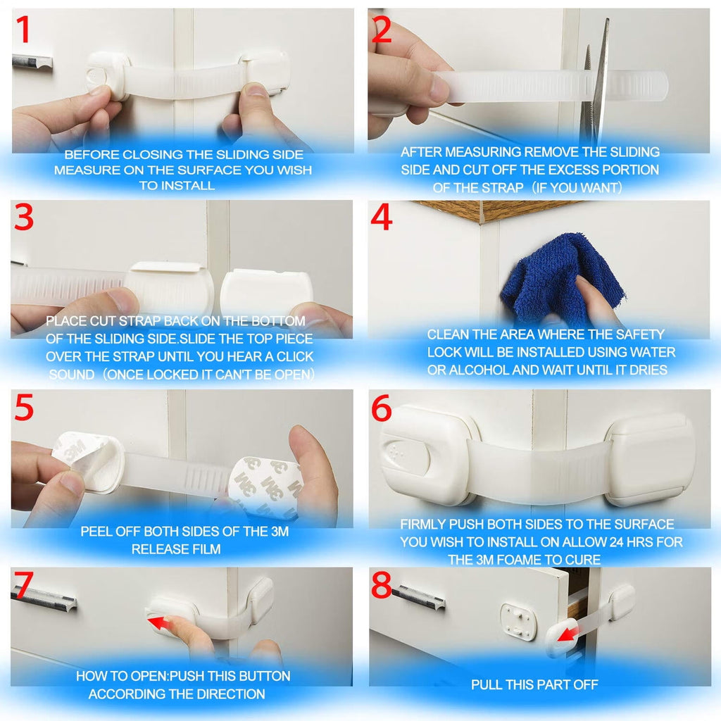 6 Pack DISEN Multi-Use Adhesive Straps Locks - Childproofing Baby Proofing Cabinet Latches for Drawers, Fridge, Dishwasher, Toilet Seat, Cupboard, Oven,Trash Can, No Drilling (White)