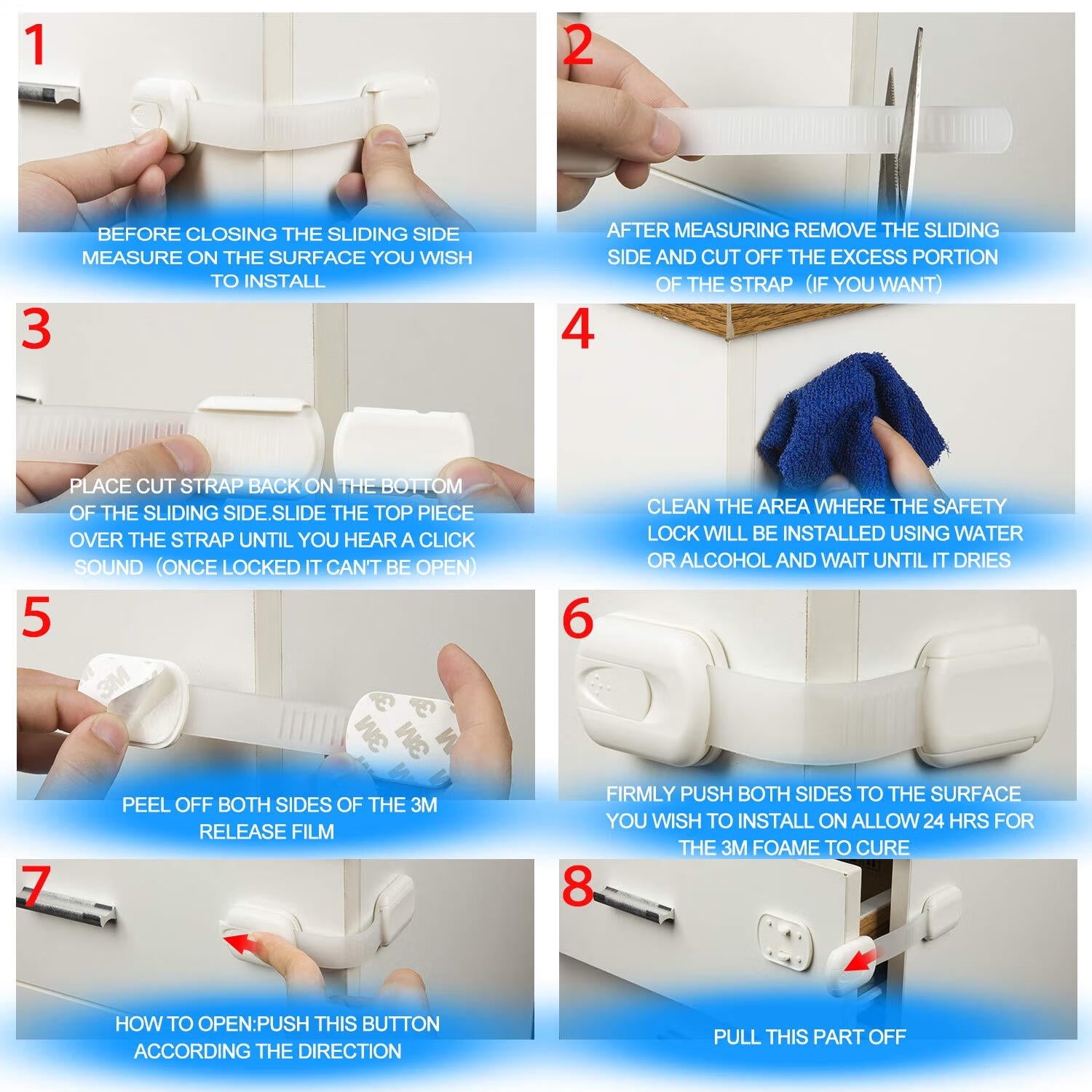 6 Pack DISEN Multi-Use Adhesive Straps Locks - Childproofing Baby Proofing Cabinet Latches for Drawers, Fridge, Dishwasher, Toilet Seat, Cupboard, Oven,Trash Can, No Drilling (White)