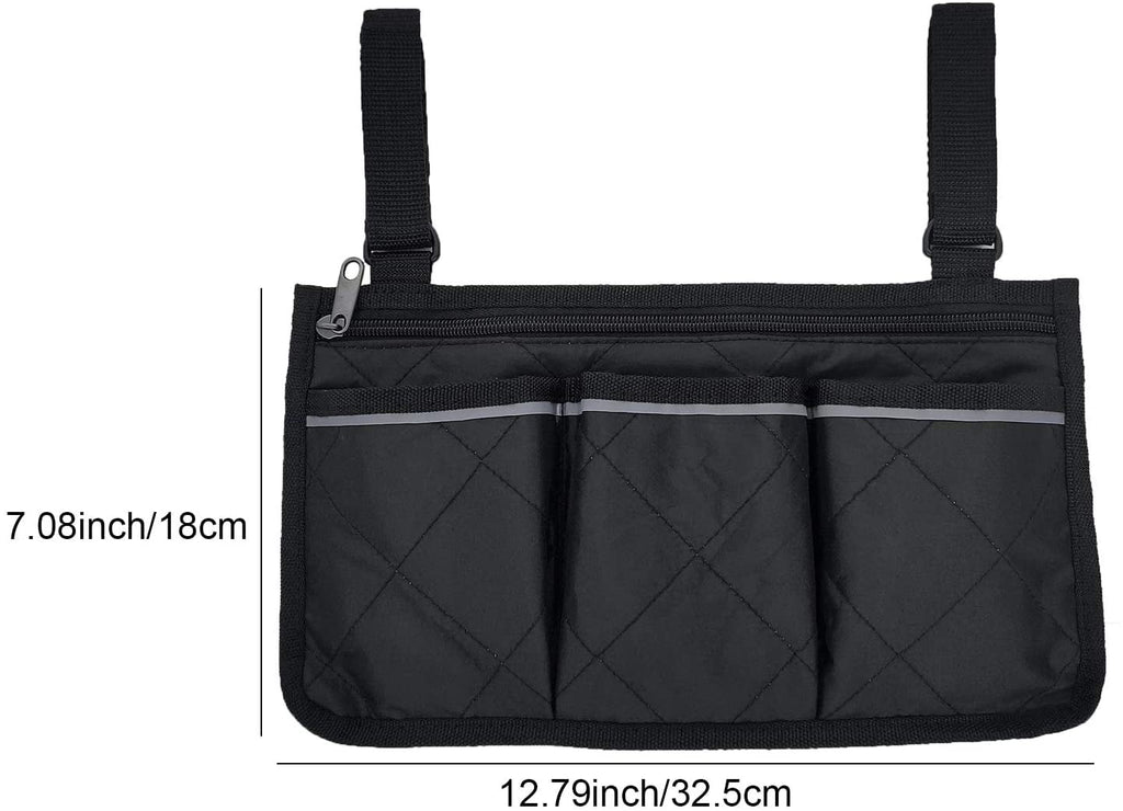 Wheelchair Side Bag, Waterproof Armrest Pouch Bag with Bright Line Black Storage Organizers for Walkers, Rollators, Scooters