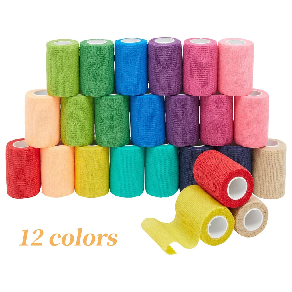 24 Rolls Colorful Self Adhesive Bandage Wrap ¨C 3 x 5 Yards, Cohesive First Aid Tape for Sports, Medical, and Tattoo Use (12 Colors)