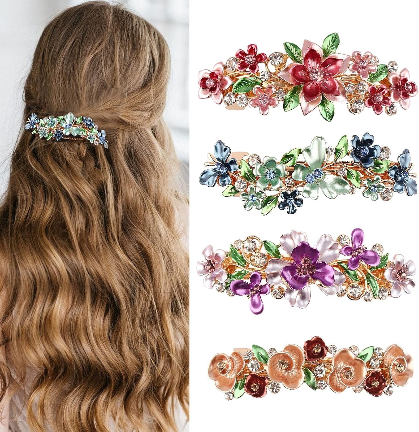4pcs Hair Barrettes for Women,Spring Flora Rhinestone Hair Clips for Thick Thin Hair Decorative Hair Clip Colorful Retro Rhinestone Hair Clip Metal French Hair Clip