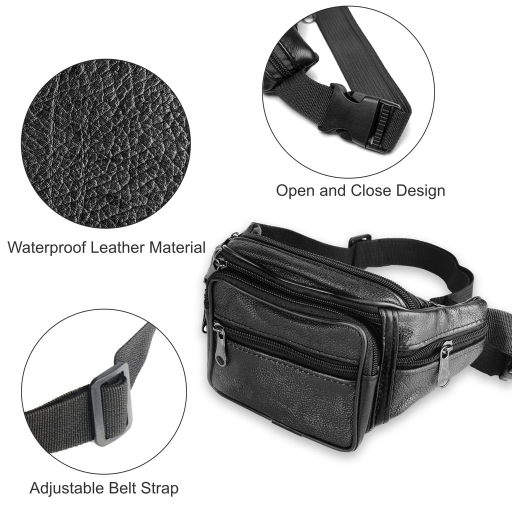 Leather Fanny Pack, DISEN Multi-Pockets Waist Bag with Adjustable Belt for Men Women, Hip Bum Bag, Black