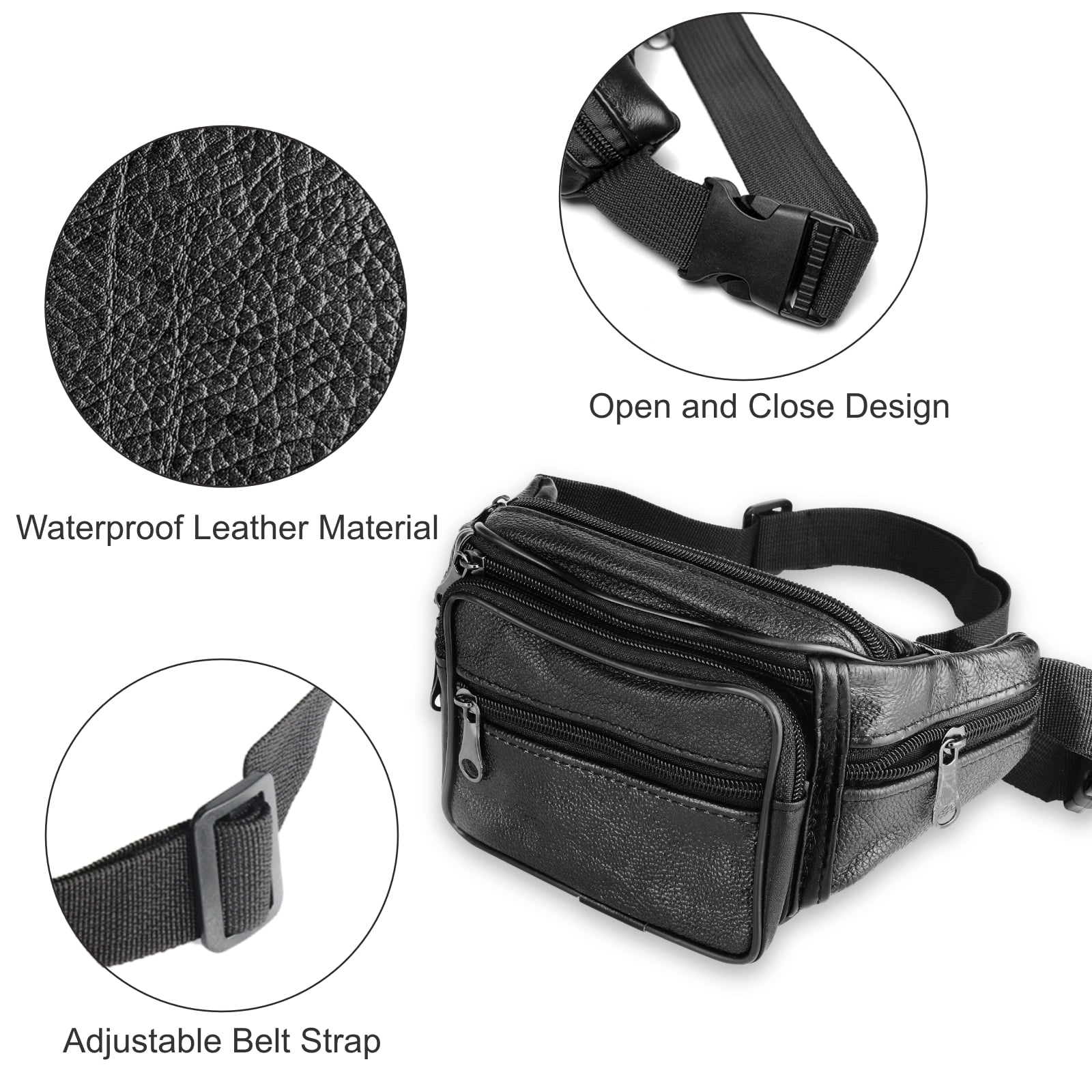 Leather Fanny Pack, DISEN Multi-Pockets Waist Bag with Adjustable Belt for Men Women, Hip Bum Bag, Black