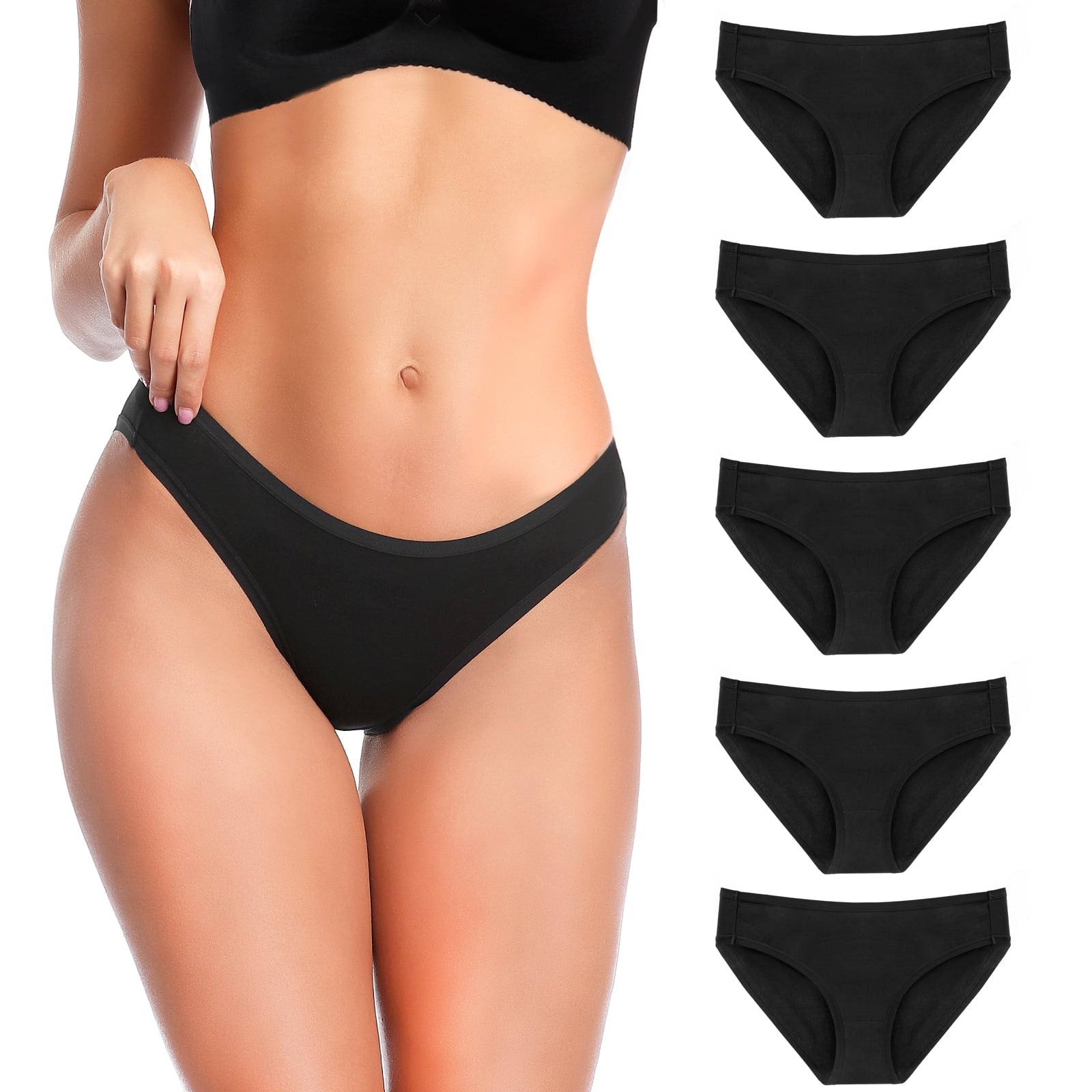 5 Pack Cotton Bikini Underwear for Women,Seamless Panties for Girls,Ladies Solid Soft Stretchy Briefs,Black,L