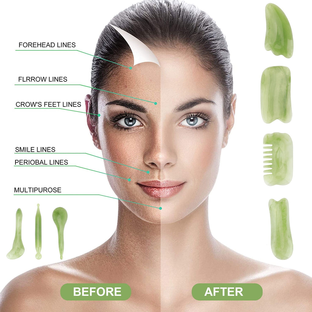 7pcs Gua Sha Massage Tools Set, DISEN Natural Resin Guasha Facial Massager GuaSha Scraping Jade Roller Kit for Face and Body, Skincare Gua Sha Boards for SPA Acupuncture Therapy