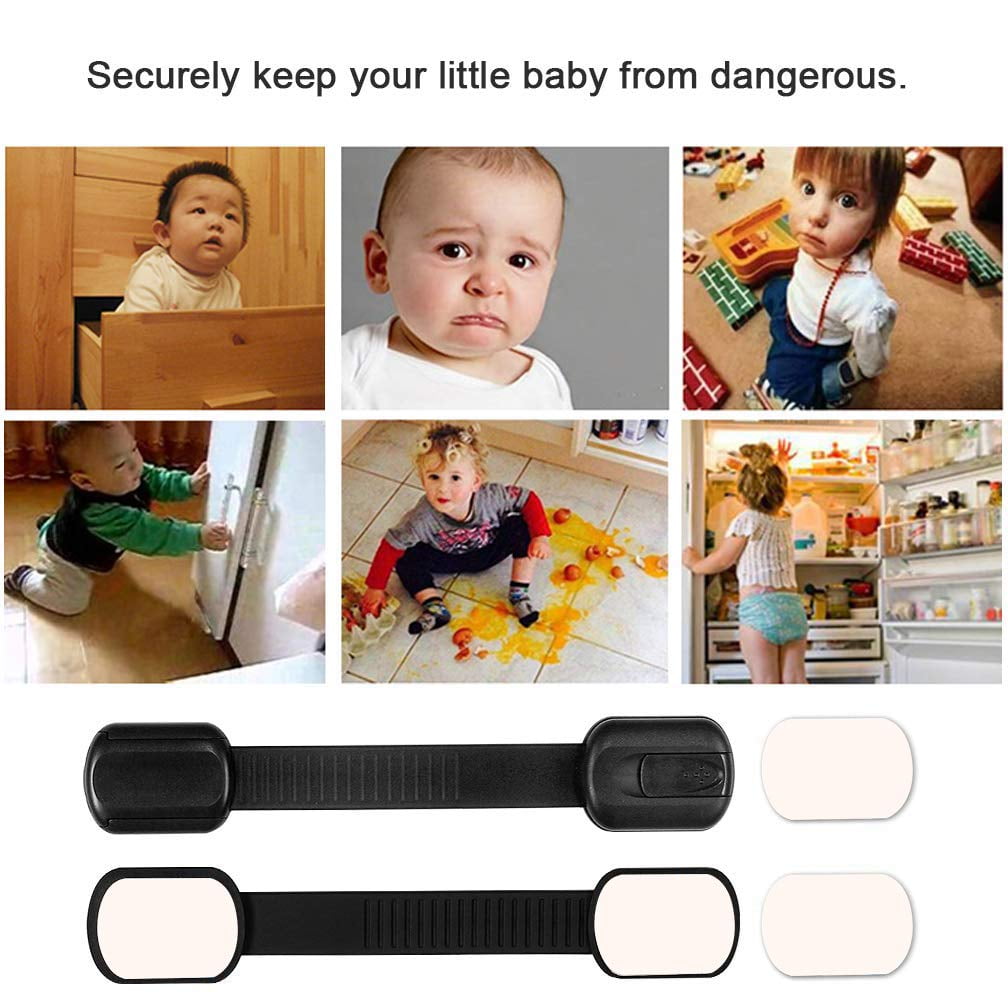 Child Baby Safety Cabinet Locks - Adjustable Strap Baby Proof Latches with No Trapped Fingers for Cupboard Drawers Closet Toilet Seat Oven and Fridge 12 PCS Black