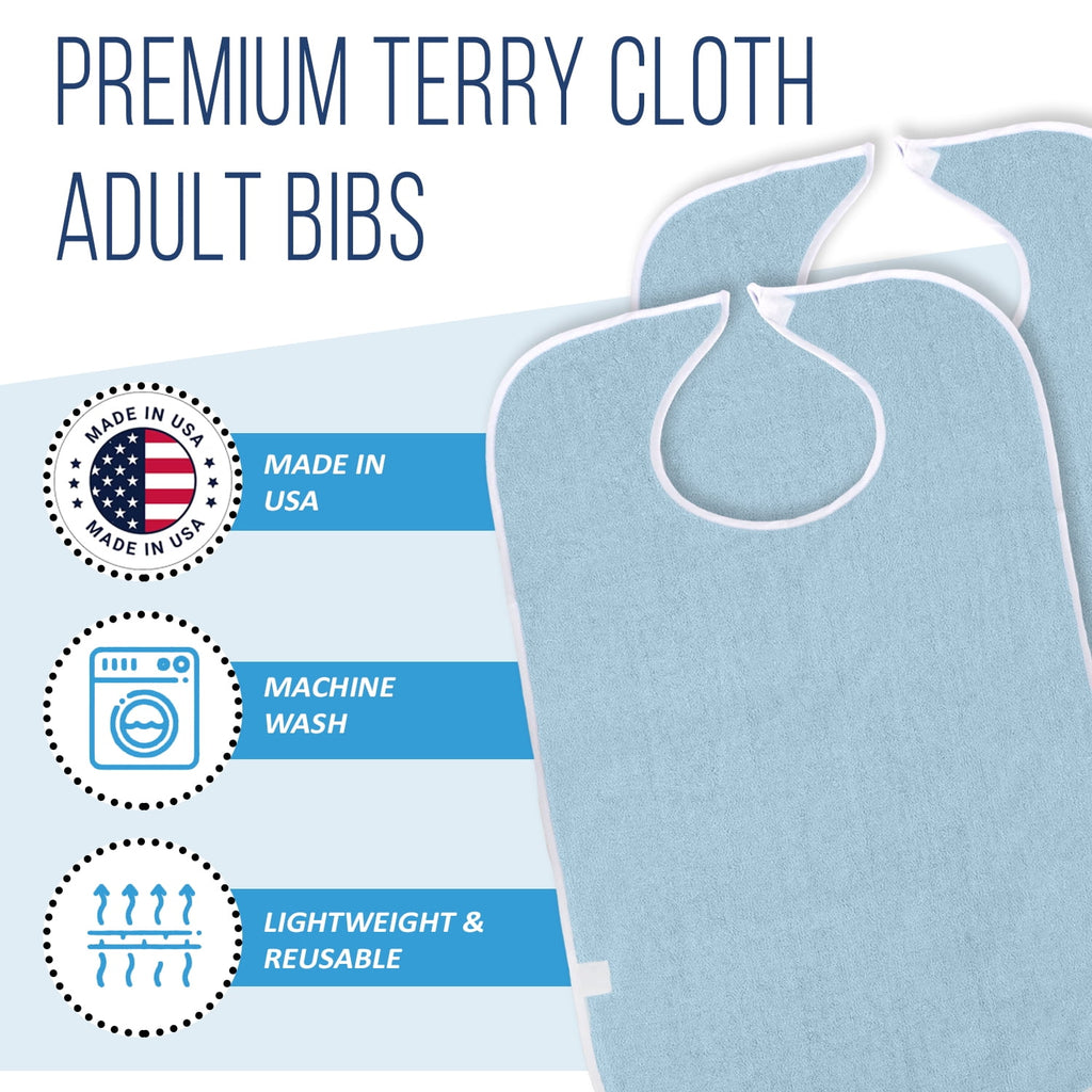 3 Pack Terry Cloth Bibs for Adults,Senior Citizens,Special Needs,and Hospice or Personal Care,Built-In Crumb Catcher and Clothing Protector,Washable and Reusable