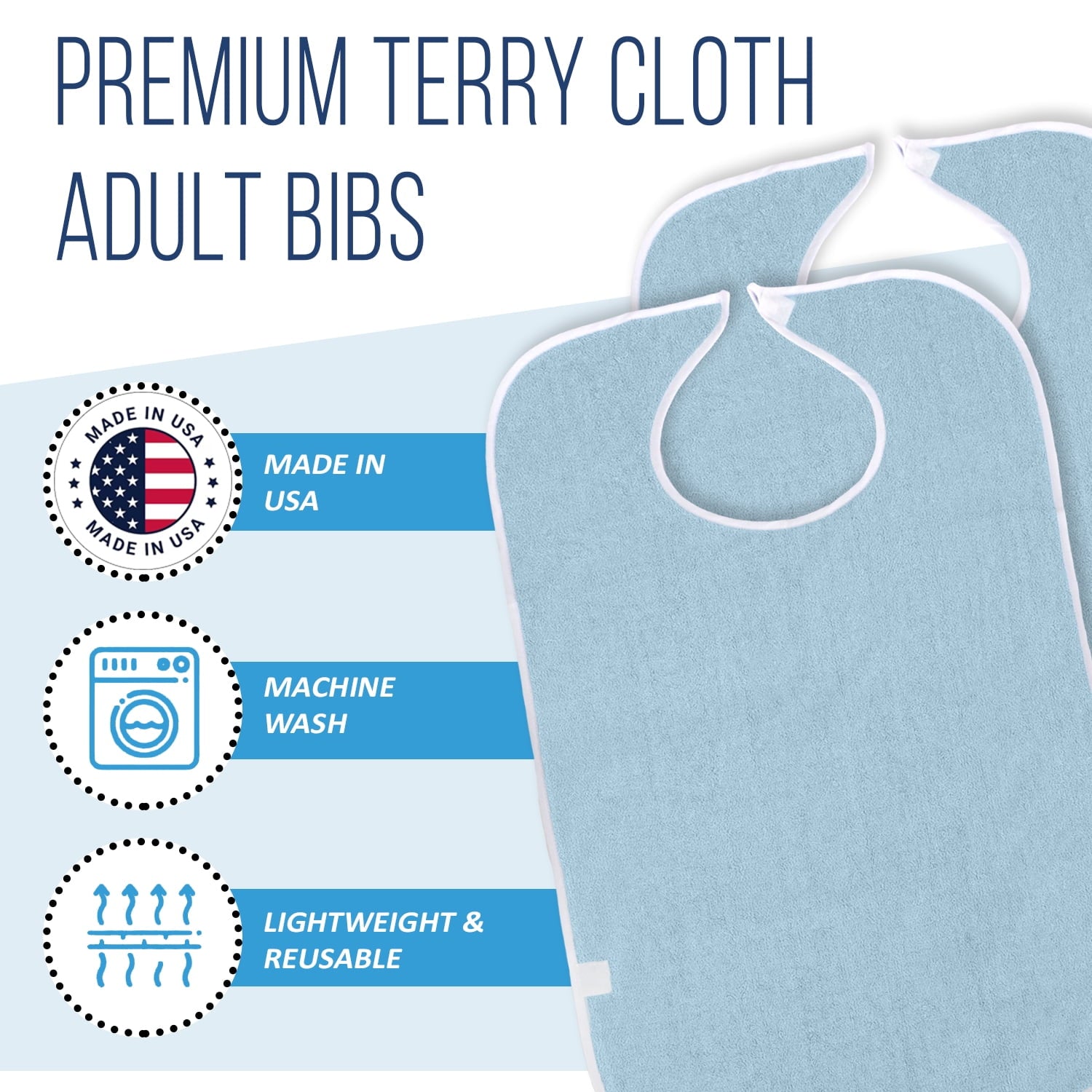 3 Pack Terry Cloth Bibs for Adults,Senior Citizens,Special Needs,and Hospice or Personal Care,Built-In Crumb Catcher and Clothing Protector,Washable and Reusable