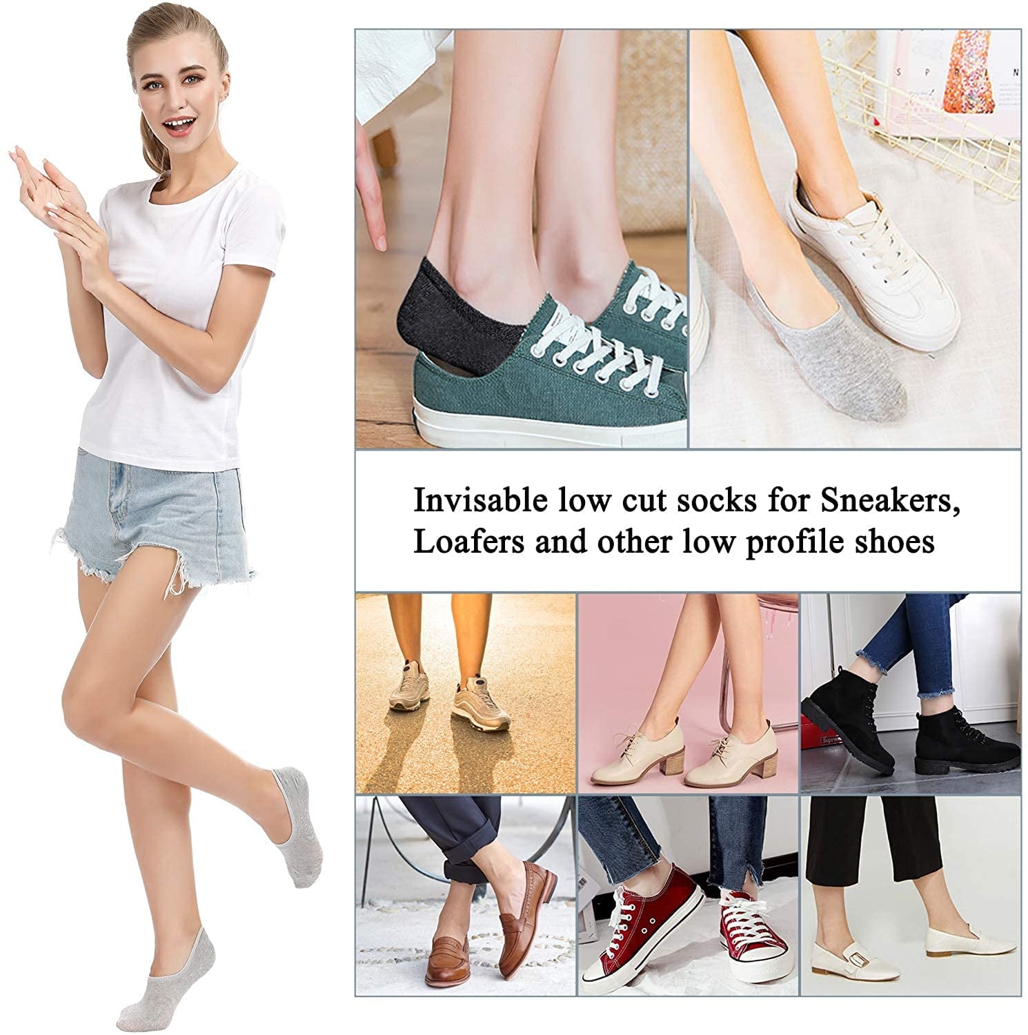 12 Pairs No Show Socks For Women, Women's Cotton Invisible Socks Non Slip Socks(US Womens Shoe 5-8)
