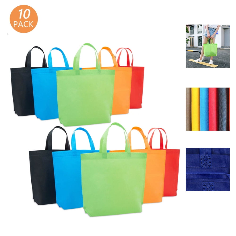 10 Pack Reusable Grocery Bags, Non-woven Fabric Tote Favor Bag Set, 5 Colors, 15 x 12.5 in