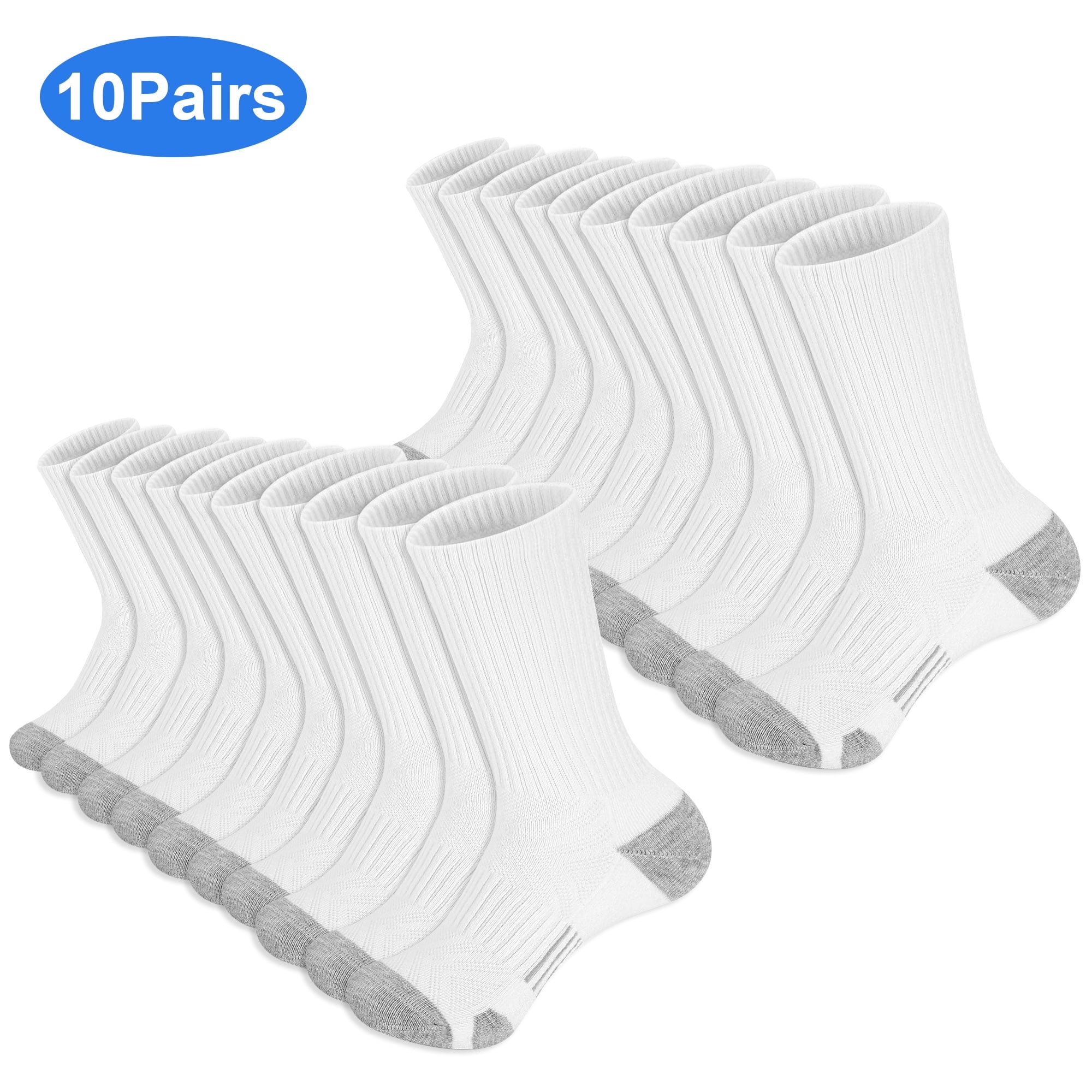 10 Pairs Men's Moisture Control Crew Socks, DISEN Cushioned Athletic Work Boot Socks, 7-11.5, Black/White