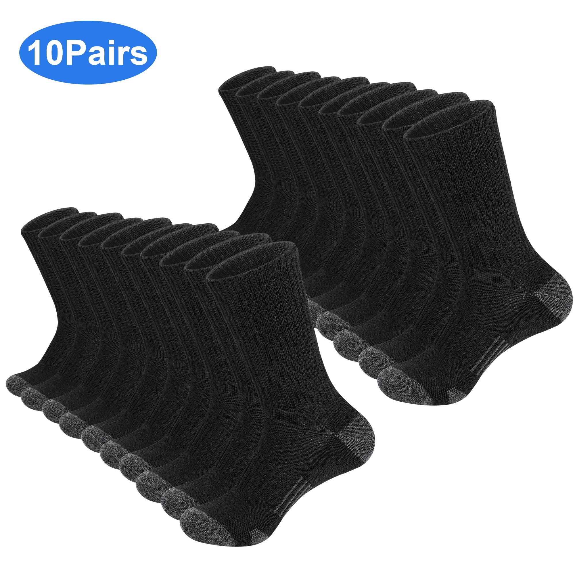10 Pairs Men's Moisture Control Crew Socks, DISEN Cushioned Athletic Work Boot Socks, Size 7-11.5, Black/White