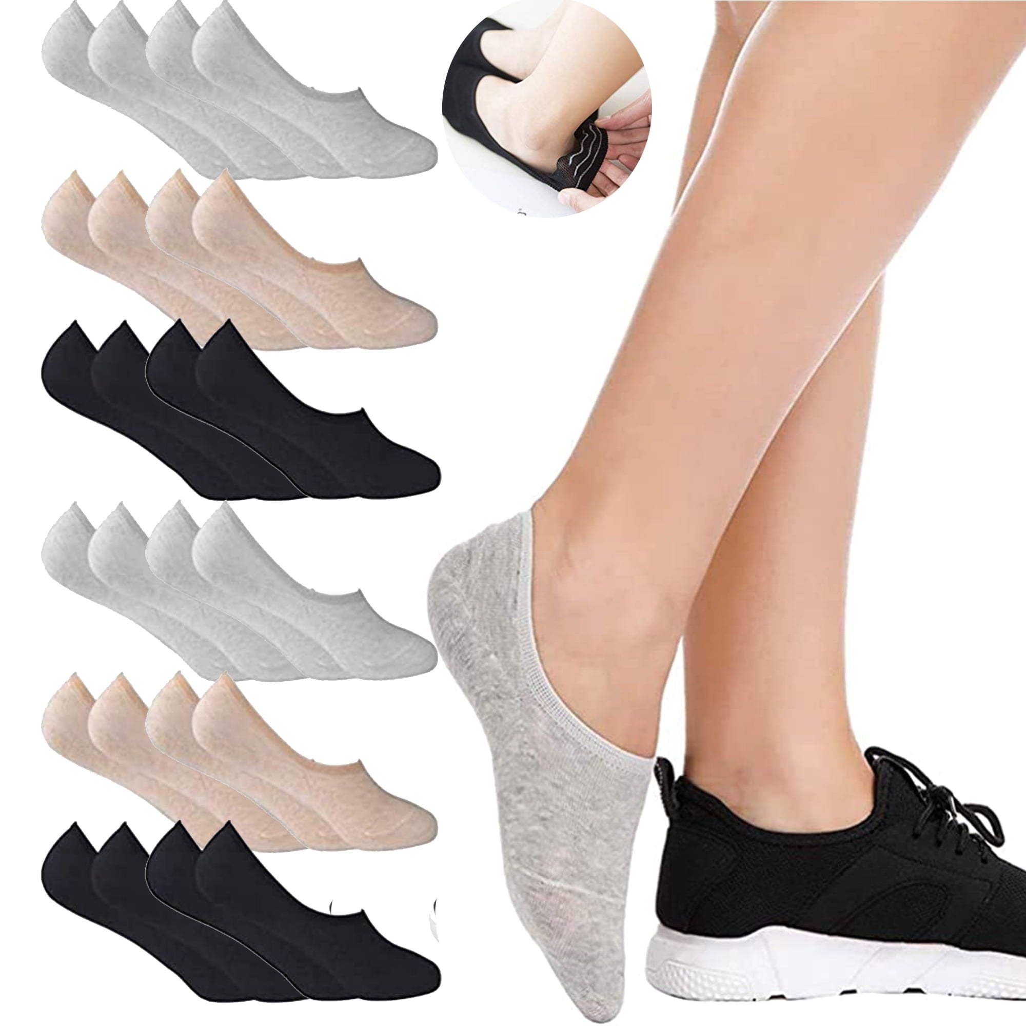 12 Pairs No Show Socks For Women, Women's Cotton Invisible Socks Non Slip Socks(US Womens Shoe 5-8)