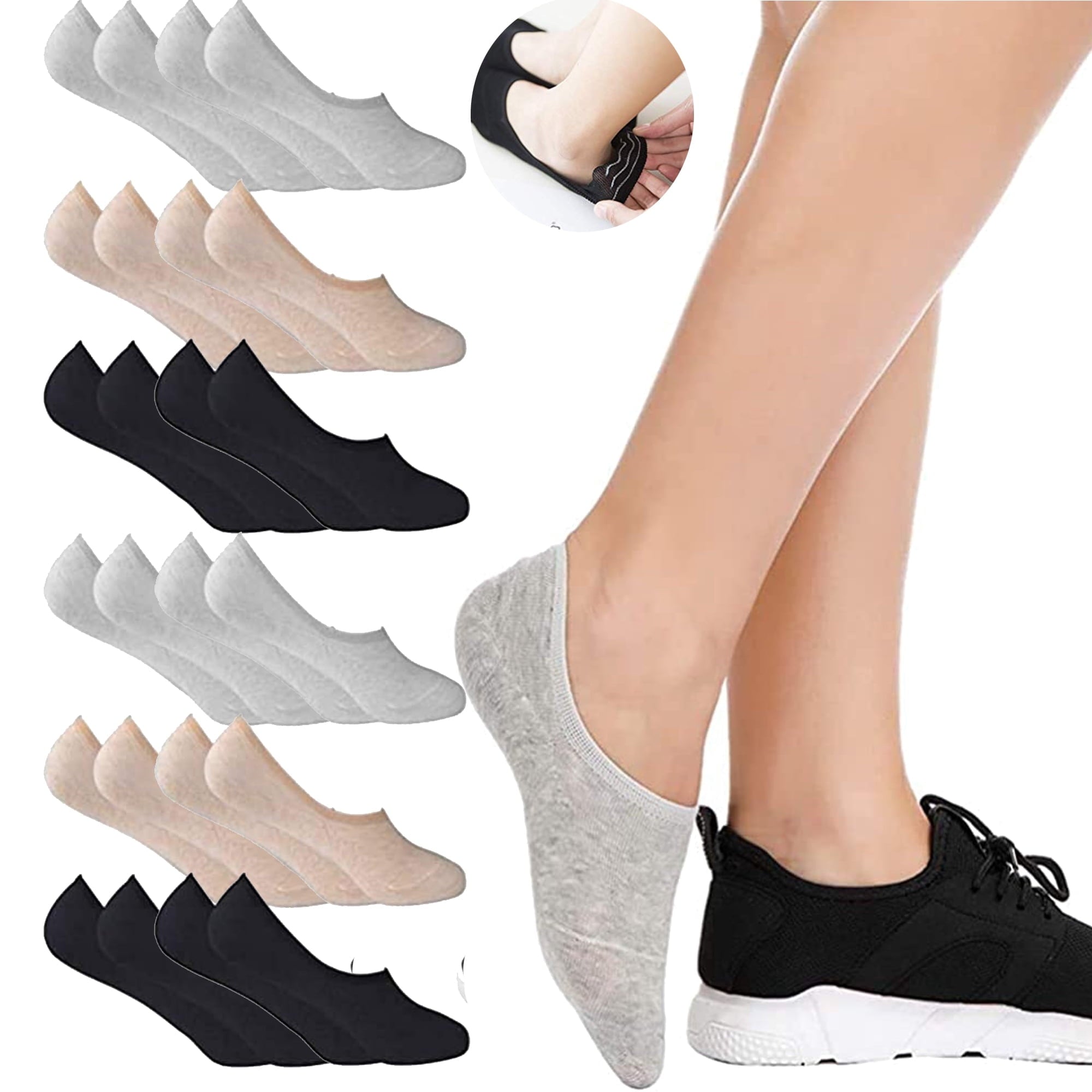 12 Pairs No Show Socks For Women, Women's Cotton Invisible Socks Non Slip Socks(US Womens Shoe 5-8)