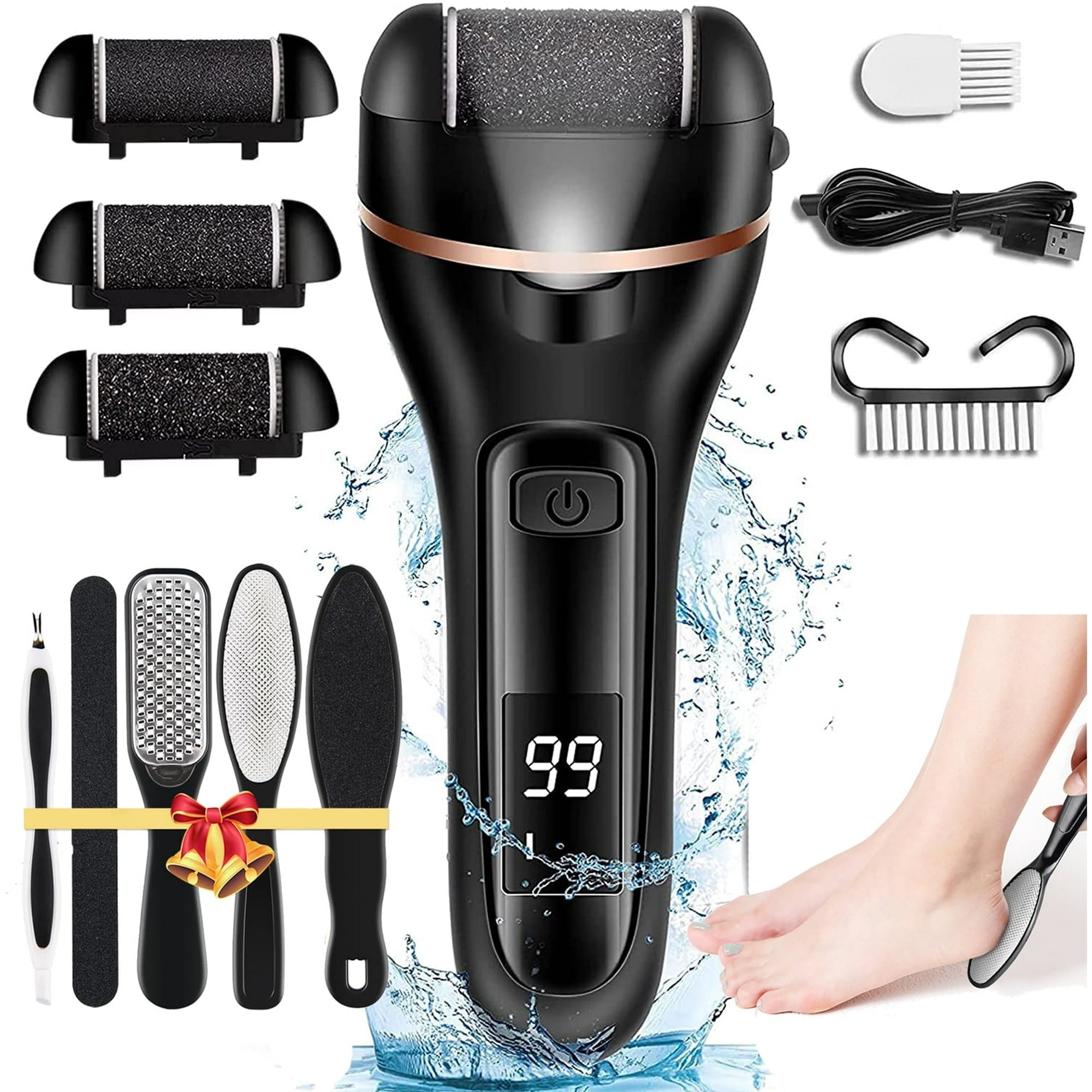 13 in 1 Electric Foot Scrubber to Remove Dead Skin with 3 Roller Heads 2 Speed & Battery Display for Pedicure Kit,Black