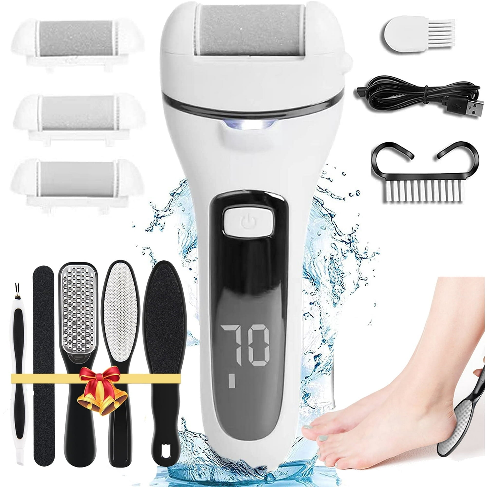 13 in 1 Electric Foot Scrubber to Remove Dead Skin with 3 Roller Heads 2 Speed & Battery Display for Pedicure Kit,White