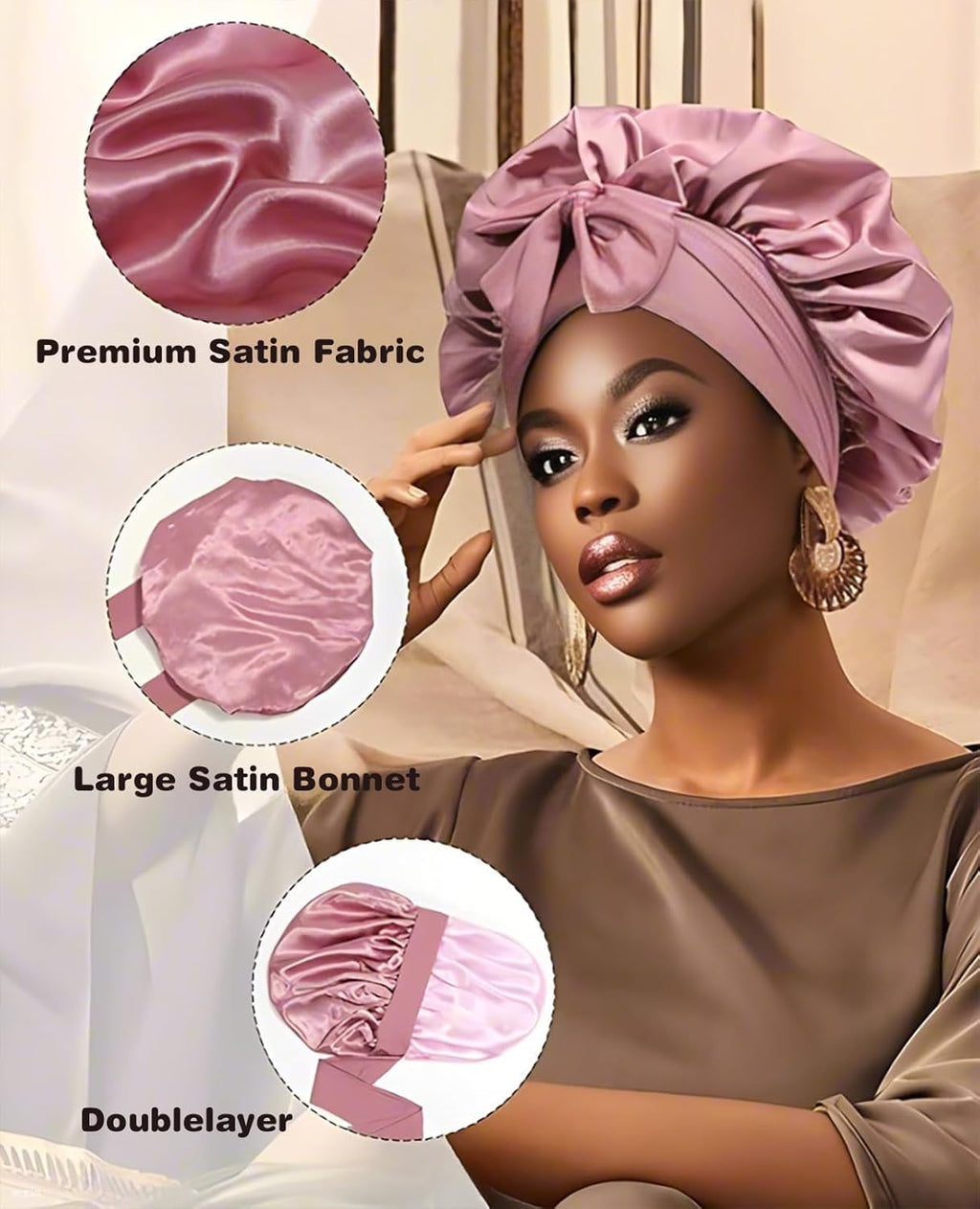 Satin Bonnet for Sleeping,Polyester Bonnets for Sleeping Curly Hair Bonnet with Elastic Tie Band Sleep Cap Hair Wrap