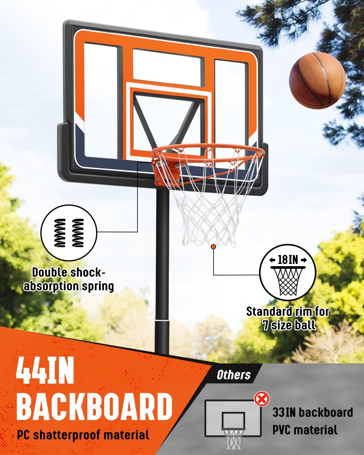 Seray Basketball Hoop with 44 Inch Backboard and 2 Wheels, Basketball Hoop Outdoor 3.9-10 FT Adjustable Height for Kids/Adults Outdoor/Indoor Sports