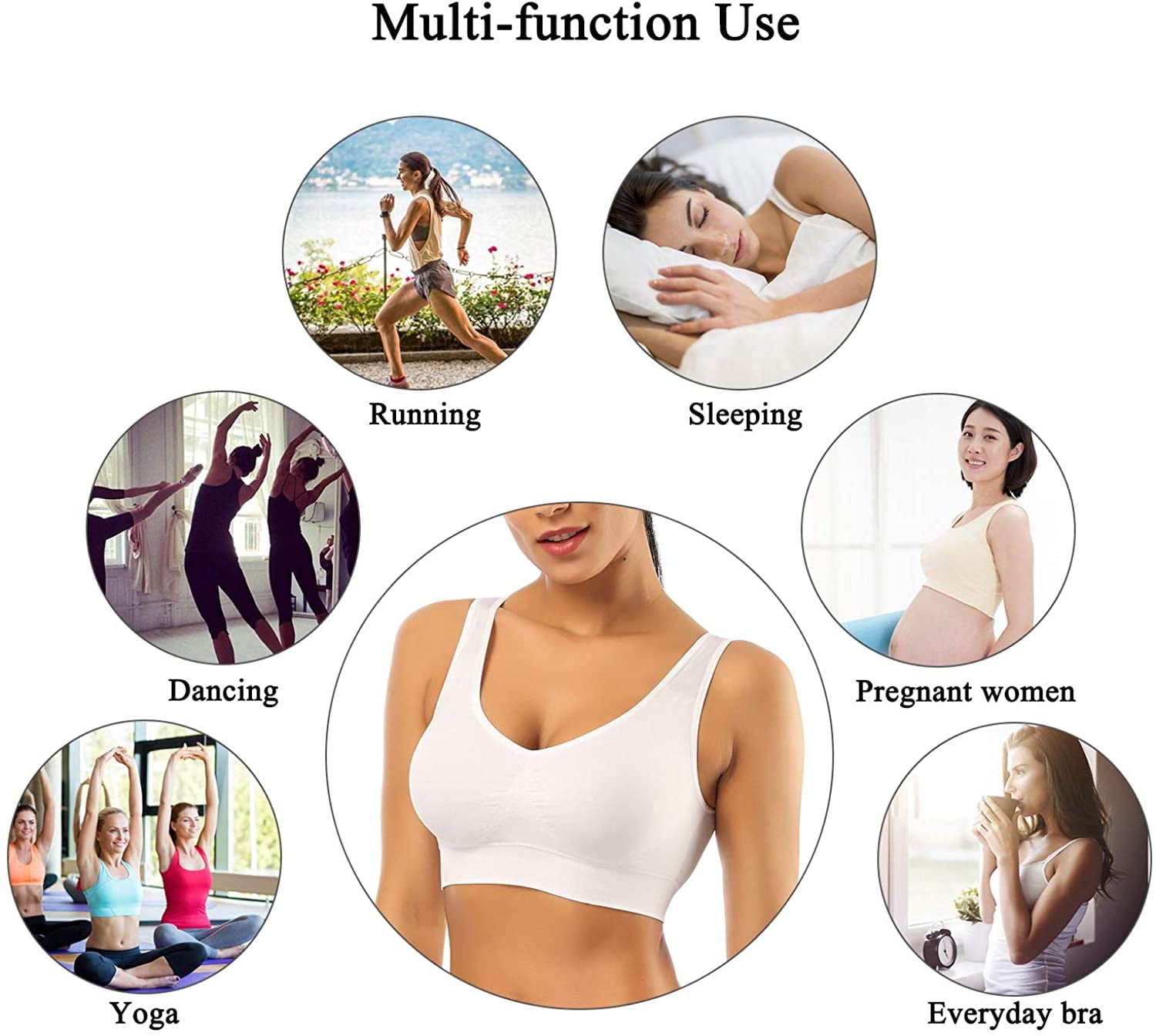 3 Pack Sports Bras for Women,Seamless Comfortable Bras Set with Removable Pads for Sleep,Pull on Closure,Black+White+Nude,XL