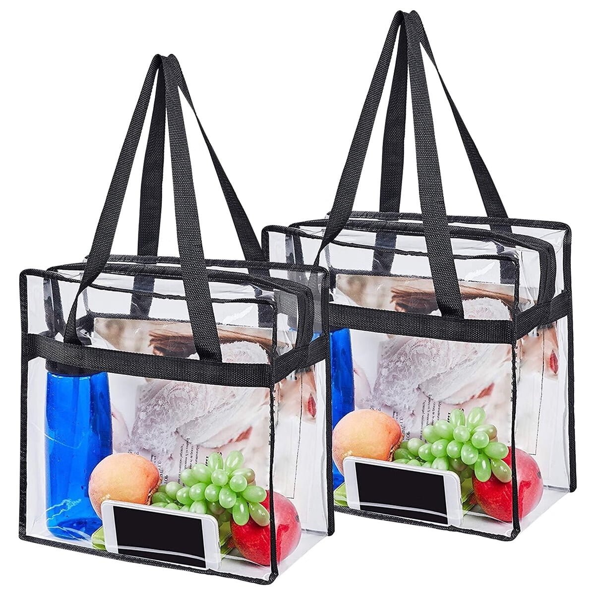 2 Large Capacity Clear Tote Bags with Zipper,Flexible Transparent Lunch Bag,Multipurpose Clear Bags for Concerts,Sporting Events,Music Festivals,Work,School,Gym