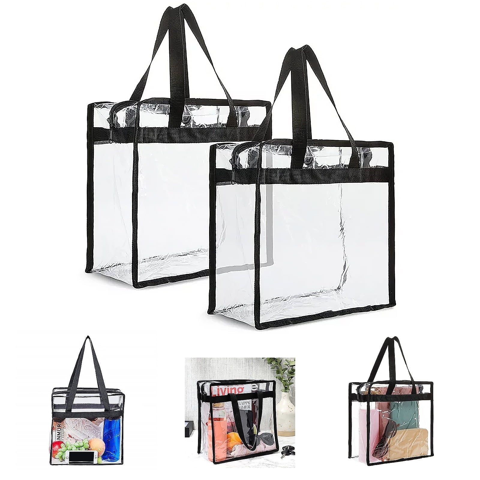 2 Pack Clear Stadium Approved Tote Bags, 12x6x12 Large Transparent Totes with Zippers, Handles for Concerts, Sporting Events, Music Festivals, Work, School, Gym