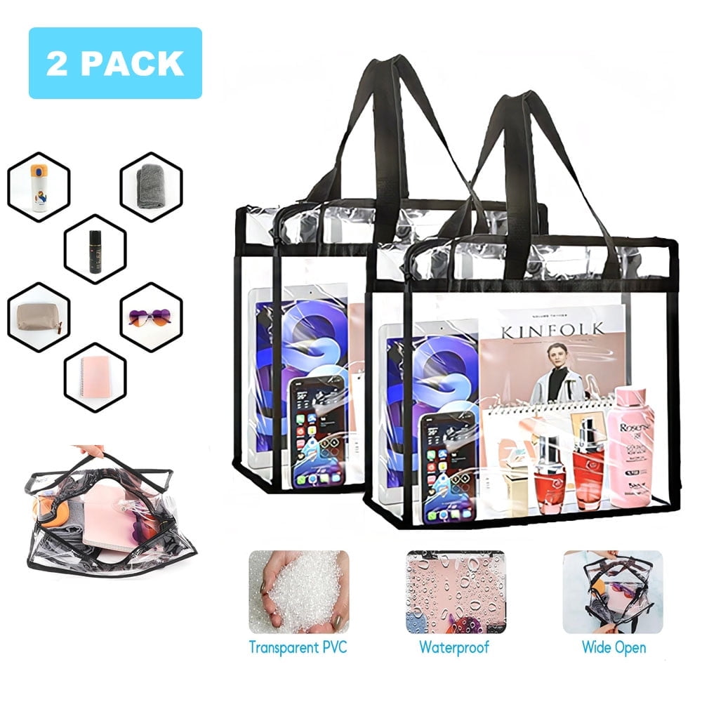 2 Pack Stadium Approved Clear Tote Bags, 12x6x12 Large Plastic Beach Bags with Handles