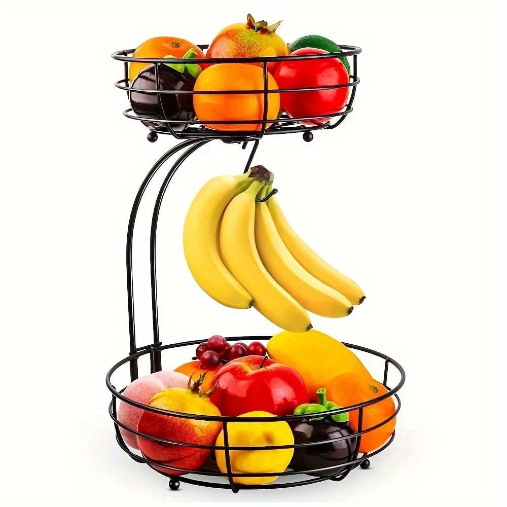 2-Tier Countertop Fruit Basket Bowl with Banana Hanger, Fruits Stand Holder Organizer, Bread Snack Veggies Basket, Metal Wire Vegetable and Fruit Produce Storage Baskets for Kitchen