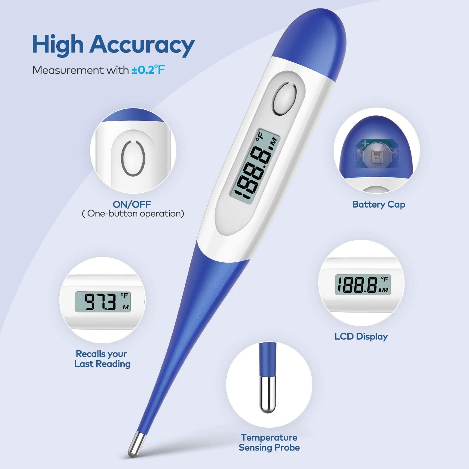 TIFOR Thermometer for Adults with 10 Seconds, Digital Oral Thermometer for Fever 5.9 x 0.6 x 0.4 inches (Dark Blue)