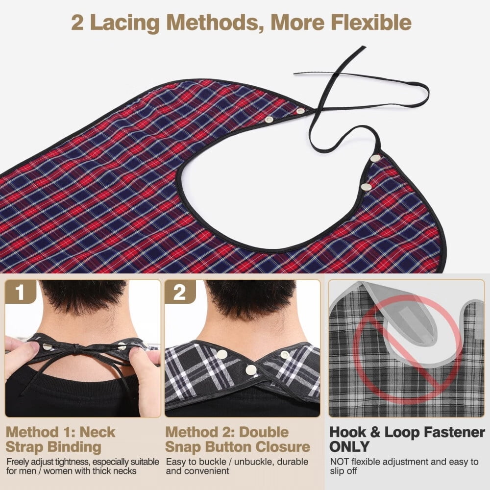 Adult Bibs,3 Pcs Washable Clothing Protector with Crumb Catcher for Eating,Reusable Waterproof Large Feeding Adult Bibs for Men Women Elderly Senior,Black/Red/Blue