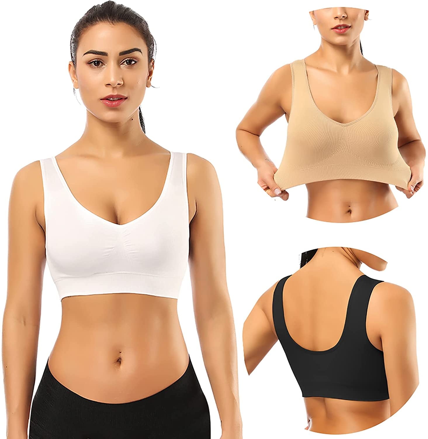 3 Pack Sports Bras for Women,Seamless Comfortable Bras Set with Removable Pads for Sleep,Pull on Closure Plus Size,Black+White+Nude,4XL