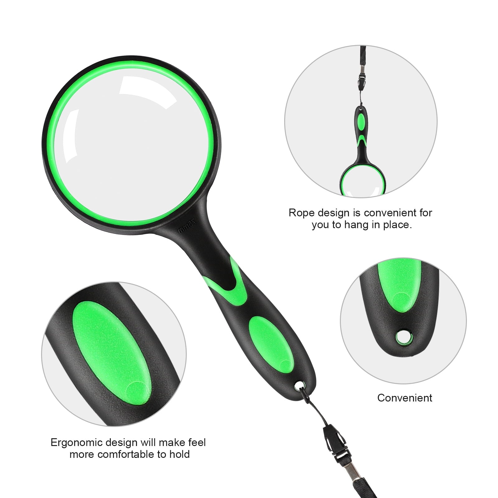 10X Magnifying Glass, Handheld Reading Magnifier with 75mm Non-Scratch Glass Lens, Non-Slip Handle, Rope, for Seniors Reading, Hobbies, Classroom Science