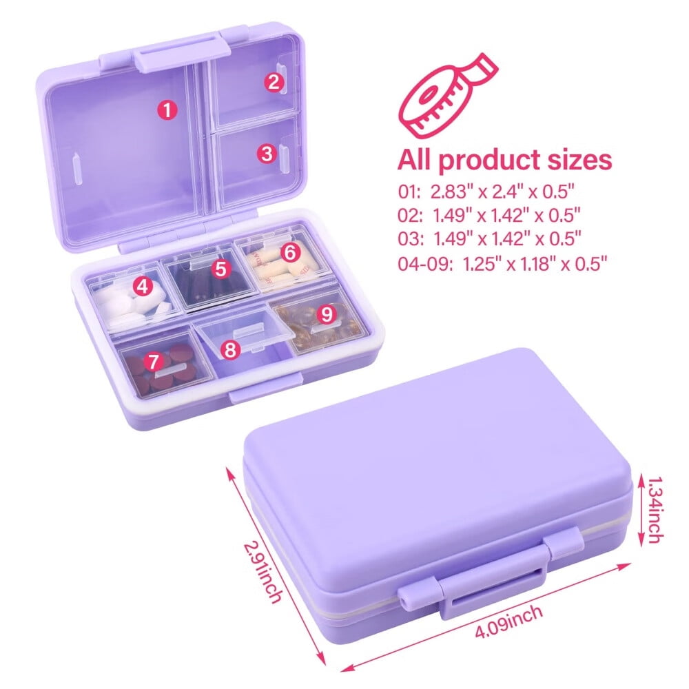 9-Grid Pill Organizer,Portable Pill Box,Large Capacity Compartments,Travel Pill Container,Medicine Dispenser,Pill Purse,Pill Case for Vitamins,Fish Oils or Supplements